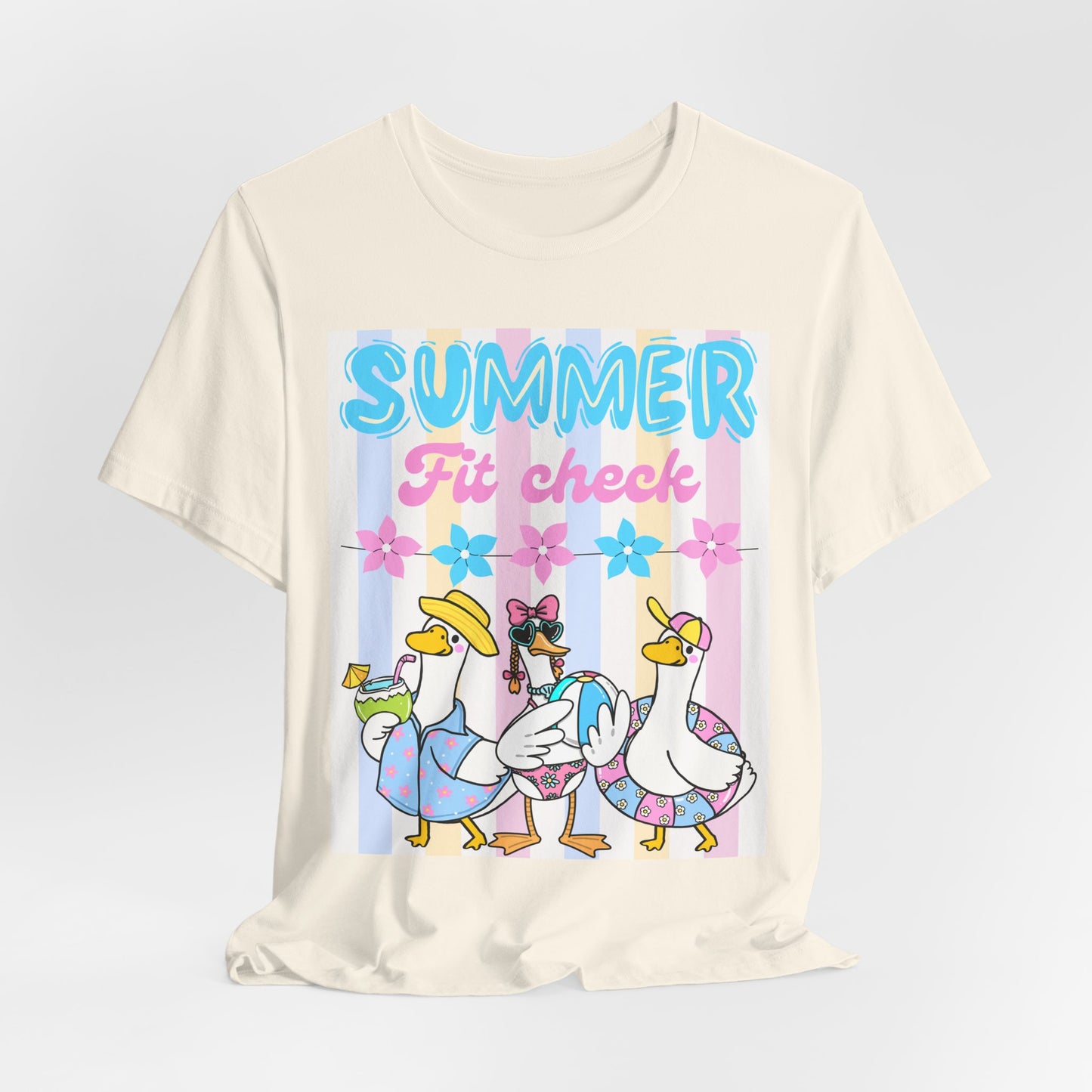 SunflowerPorchCo Summer Fit Check Tee | Cartoon Ducks in Sunglasses, Pastel Beach Vibes