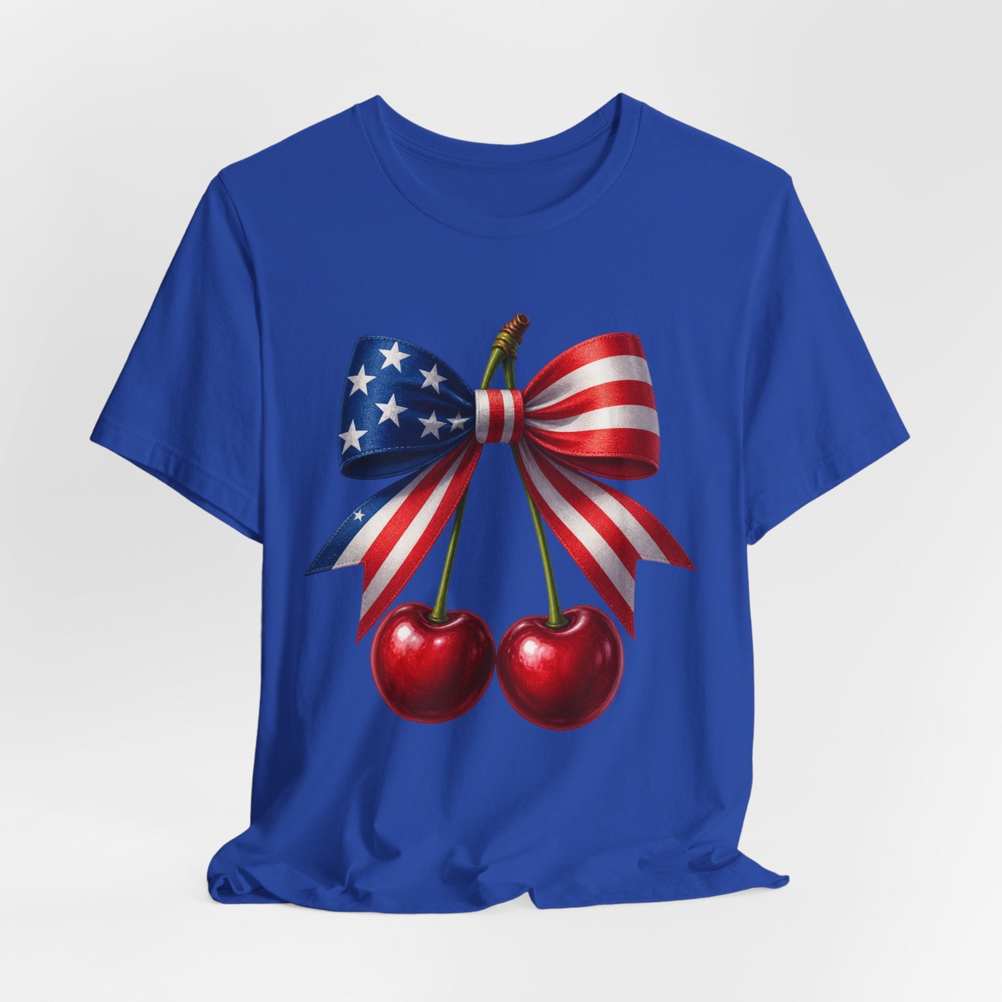 SunflowerPorchCo American Flag Bow with Cherries Tee | Patriotic Fourth of July Shirt