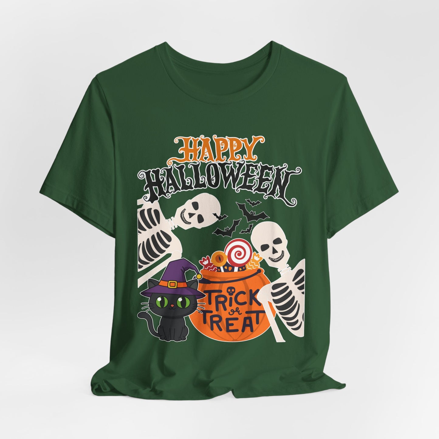 Happy Halloween skeletons, black cat, trick or treat tee