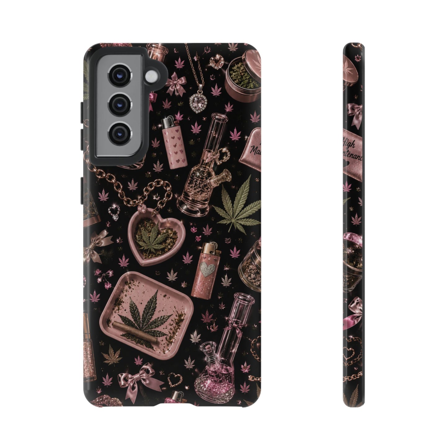 Sunflower Porch Co Pink Cannabis Pattern Tough Case | Weed Leaf Phone Case, Grinder & Lighter Design