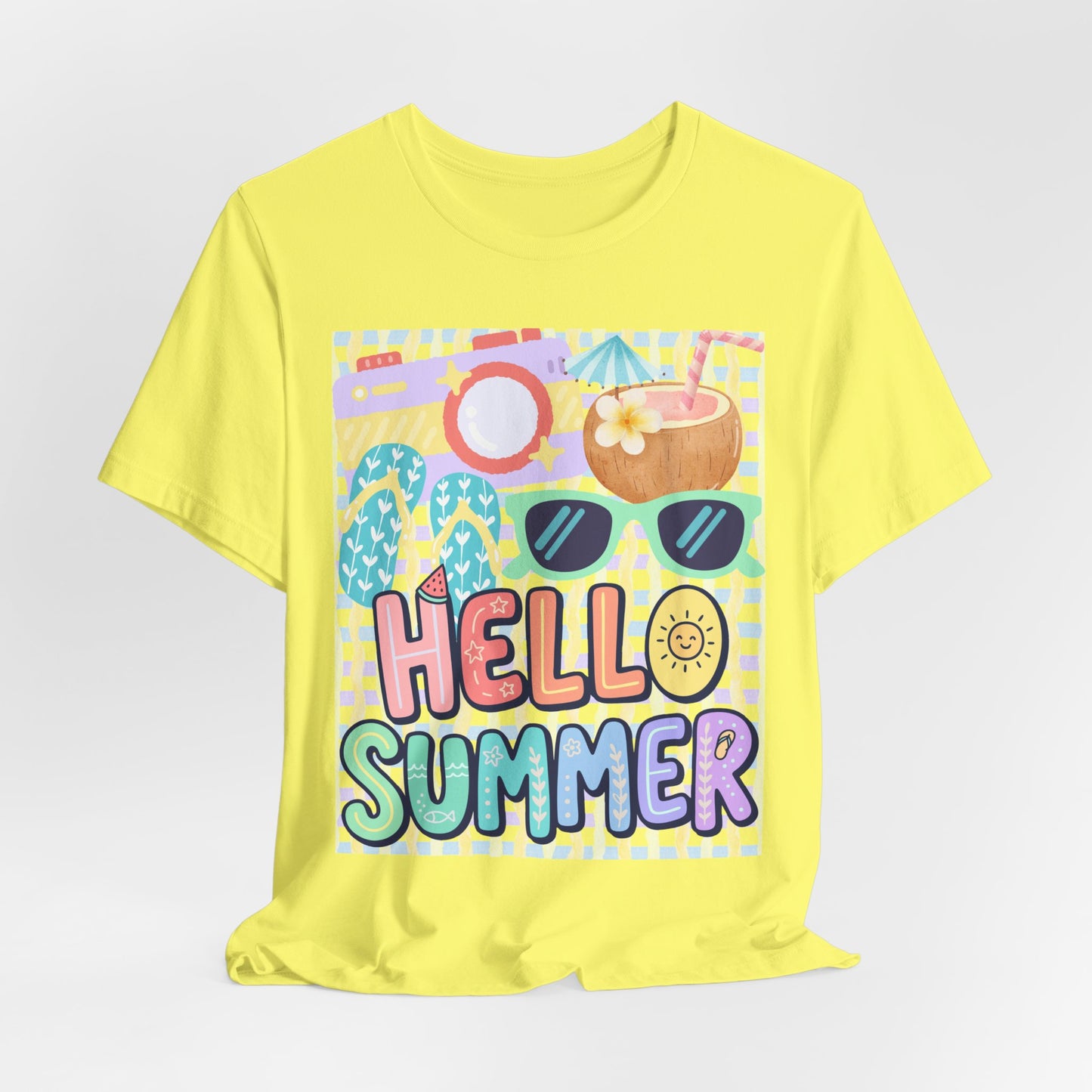 Sunflower Porch Co Hello Summer graphic tee | Summer sunglasses coconut flip flops shirt