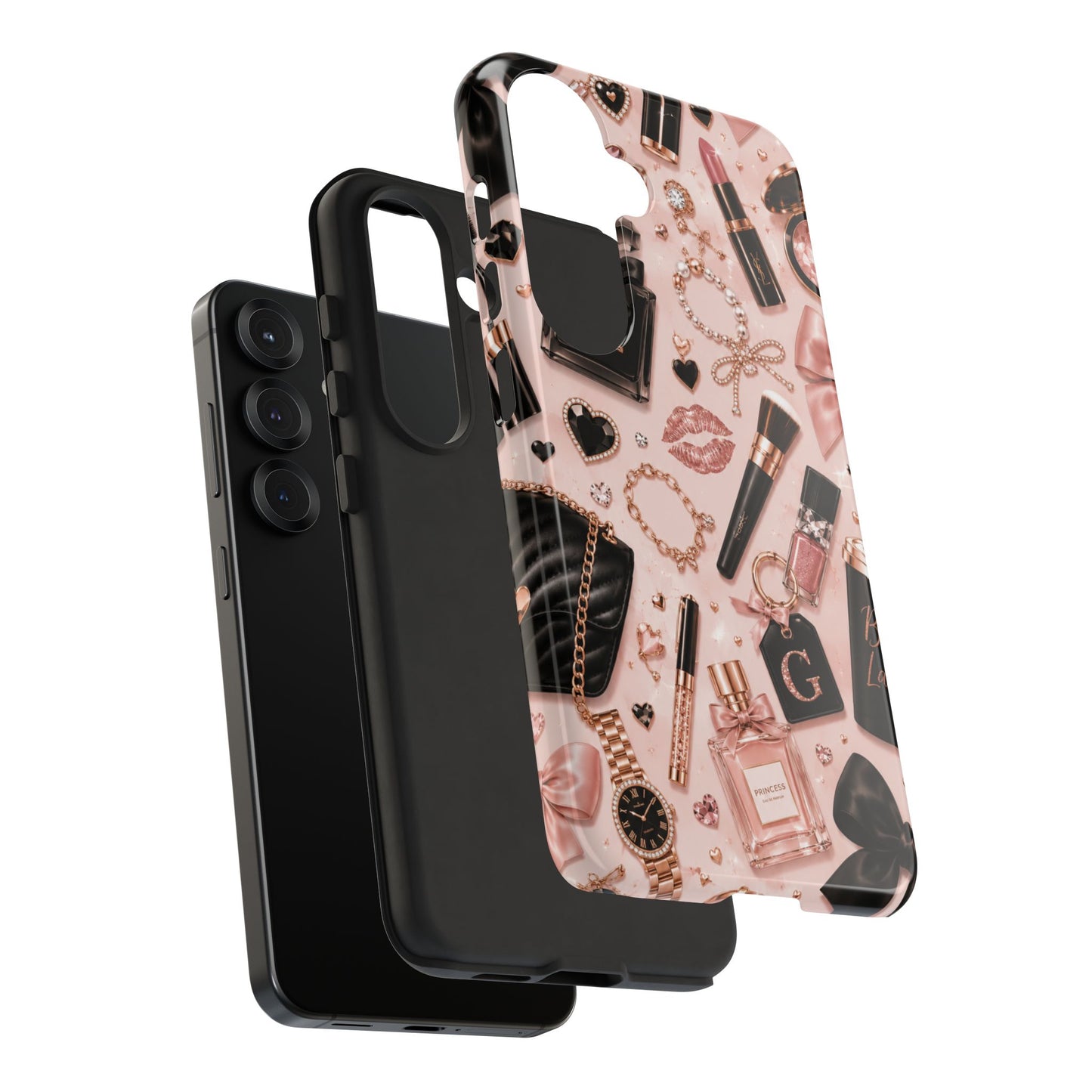 Sunflower Porch Co Glam Makeup Pattern Phone Case | Rose Gold Cosmetics, Perfume, Lipstick