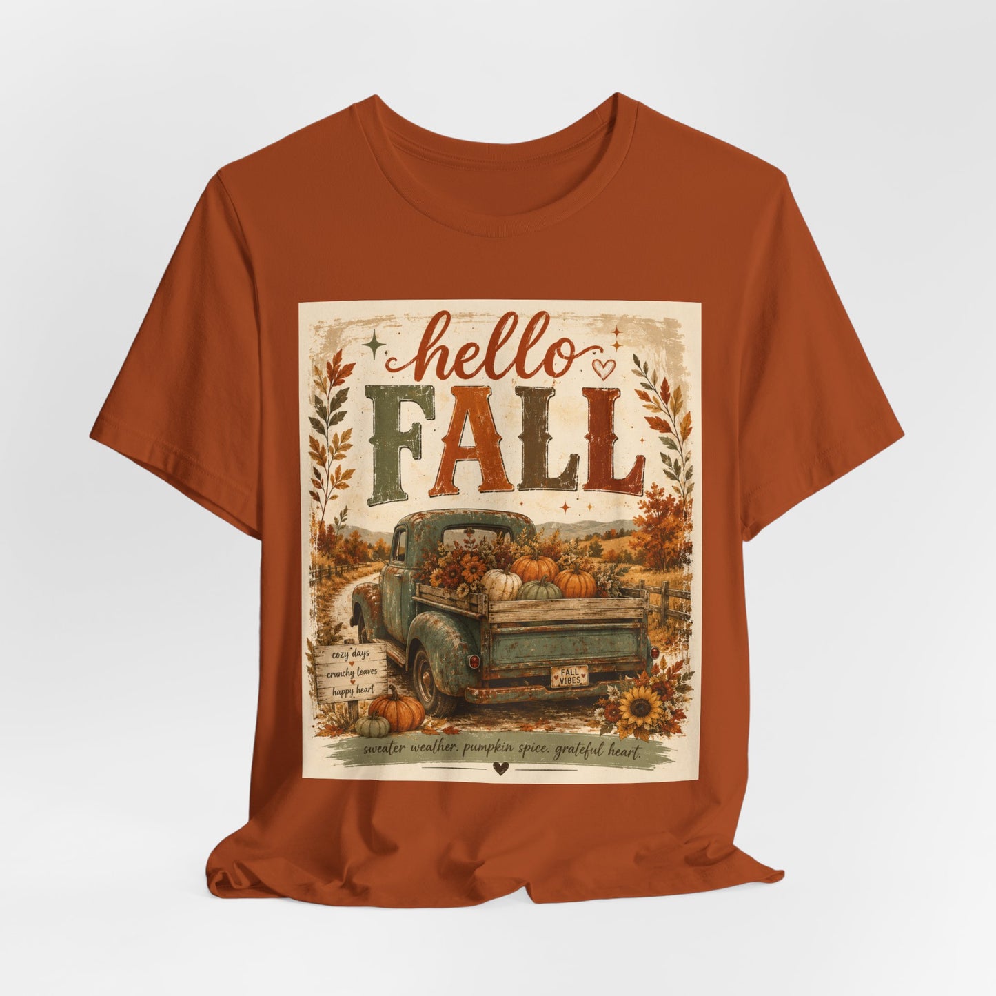 Sunflower Porch Co Hello Fall Vintage Truck T-Shirt | Pumpkin Harvest Autumn Tee