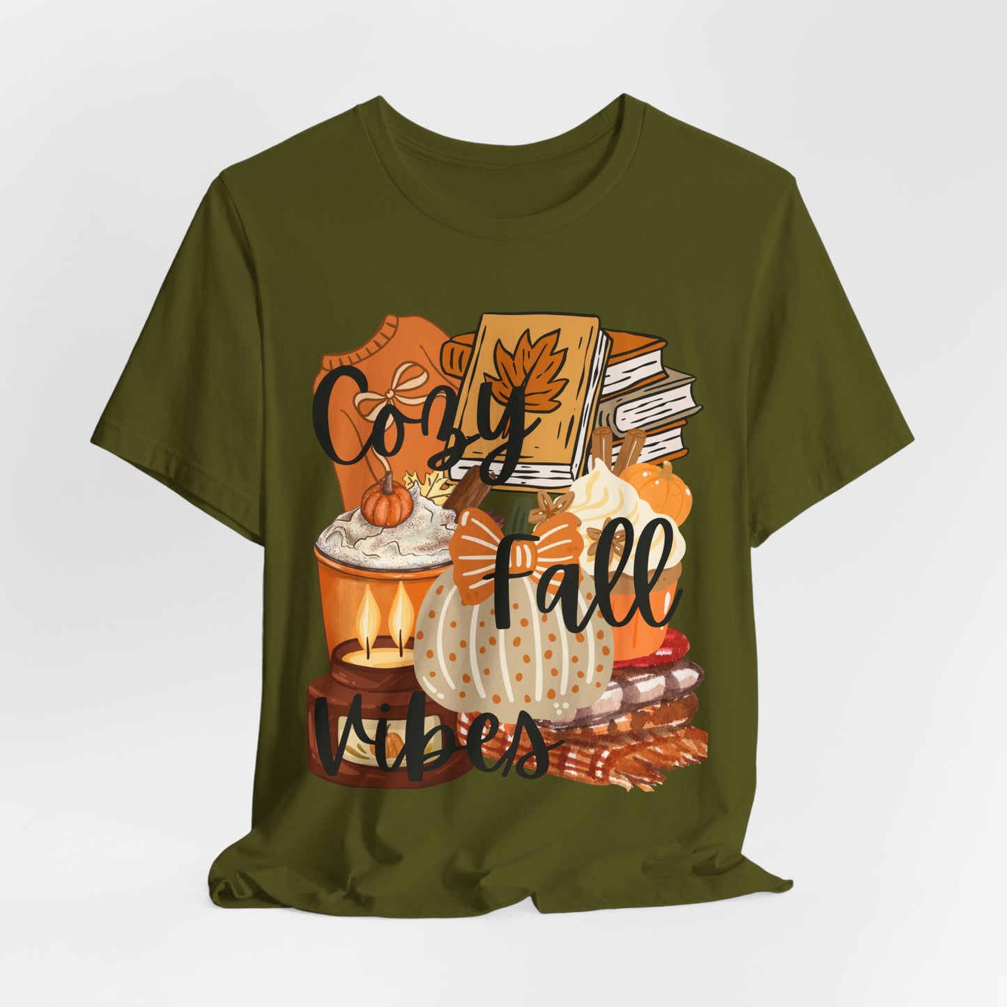SunflowerPorchCo Cozy Fall Vibes T-Shirt | Pumpkin Books Candle Autumn Tee