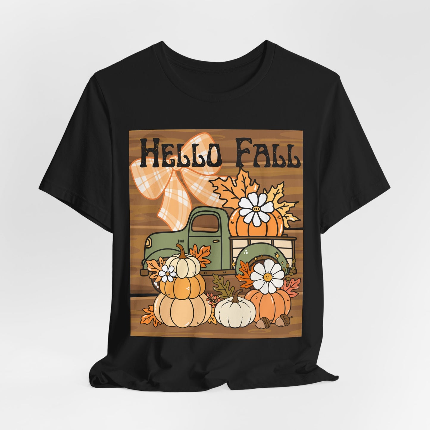 SunflowerPorchCo Hello Fall Pumpkin Truck Tee | Autumn Pumpkins, Plaid Bow, Rustic Wood