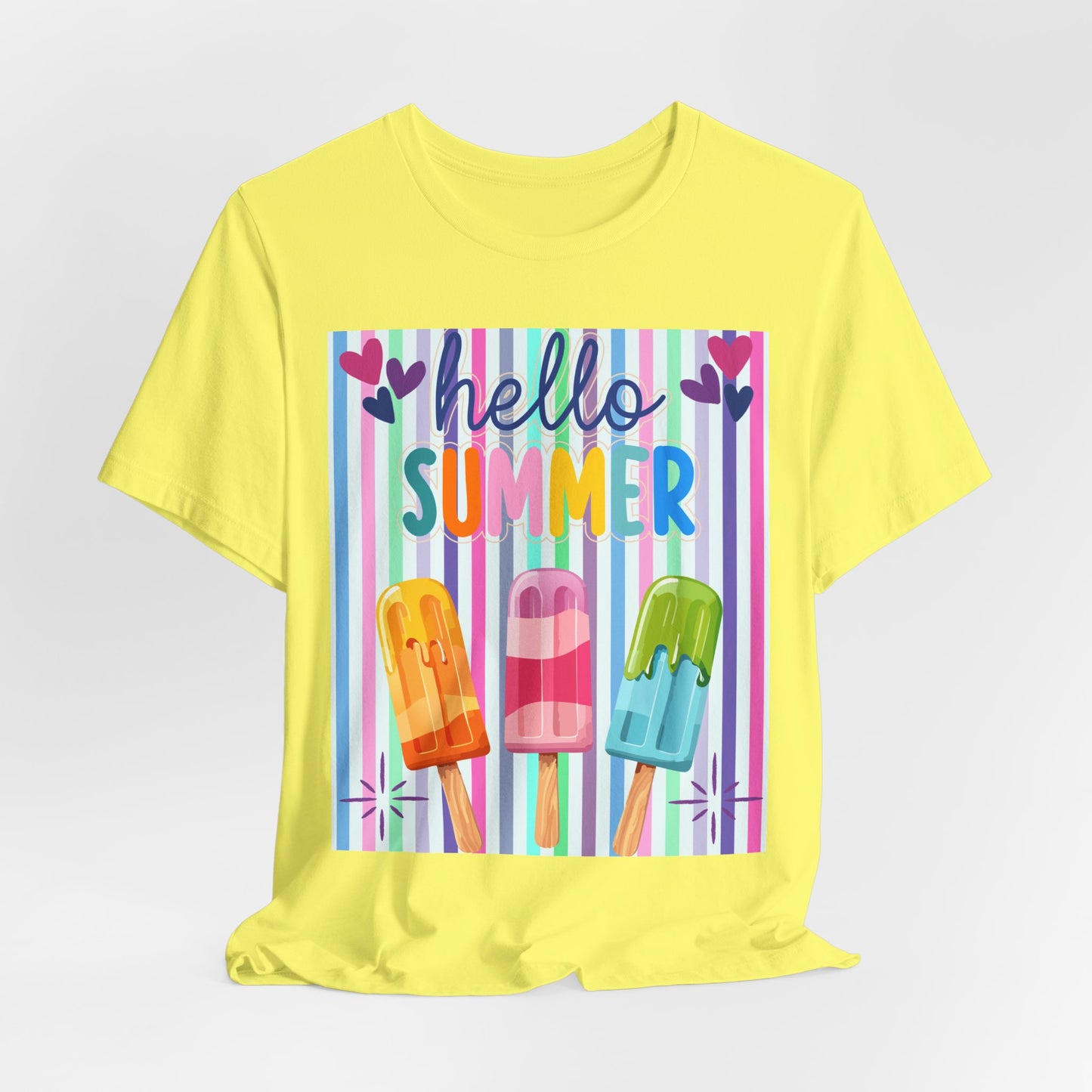 Sunflower Porch Co Hello Summer Popsicles T-Shirt | Colorful Stripes, Cute Ice Cream Design