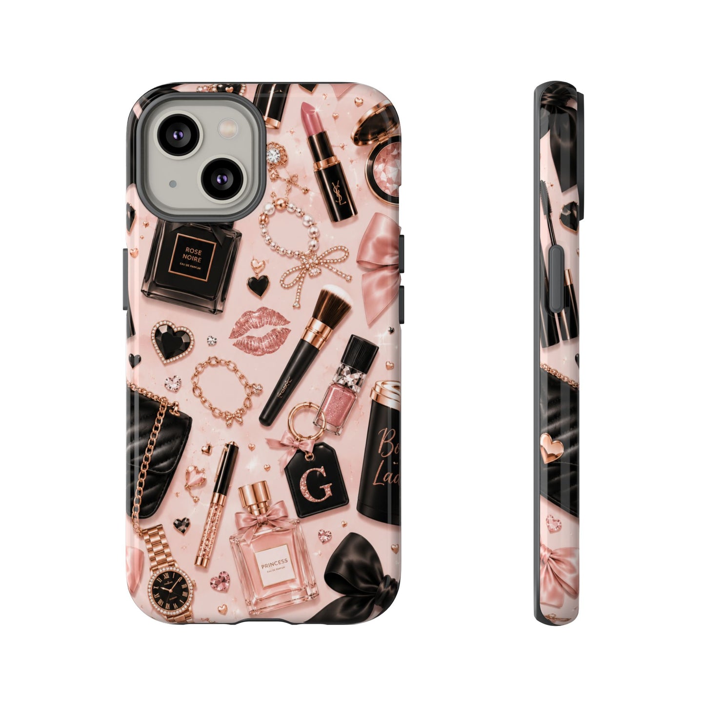 Sunflower Porch Co Glam Makeup Pattern Phone Case | Rose Gold Cosmetics, Perfume, Lipstick