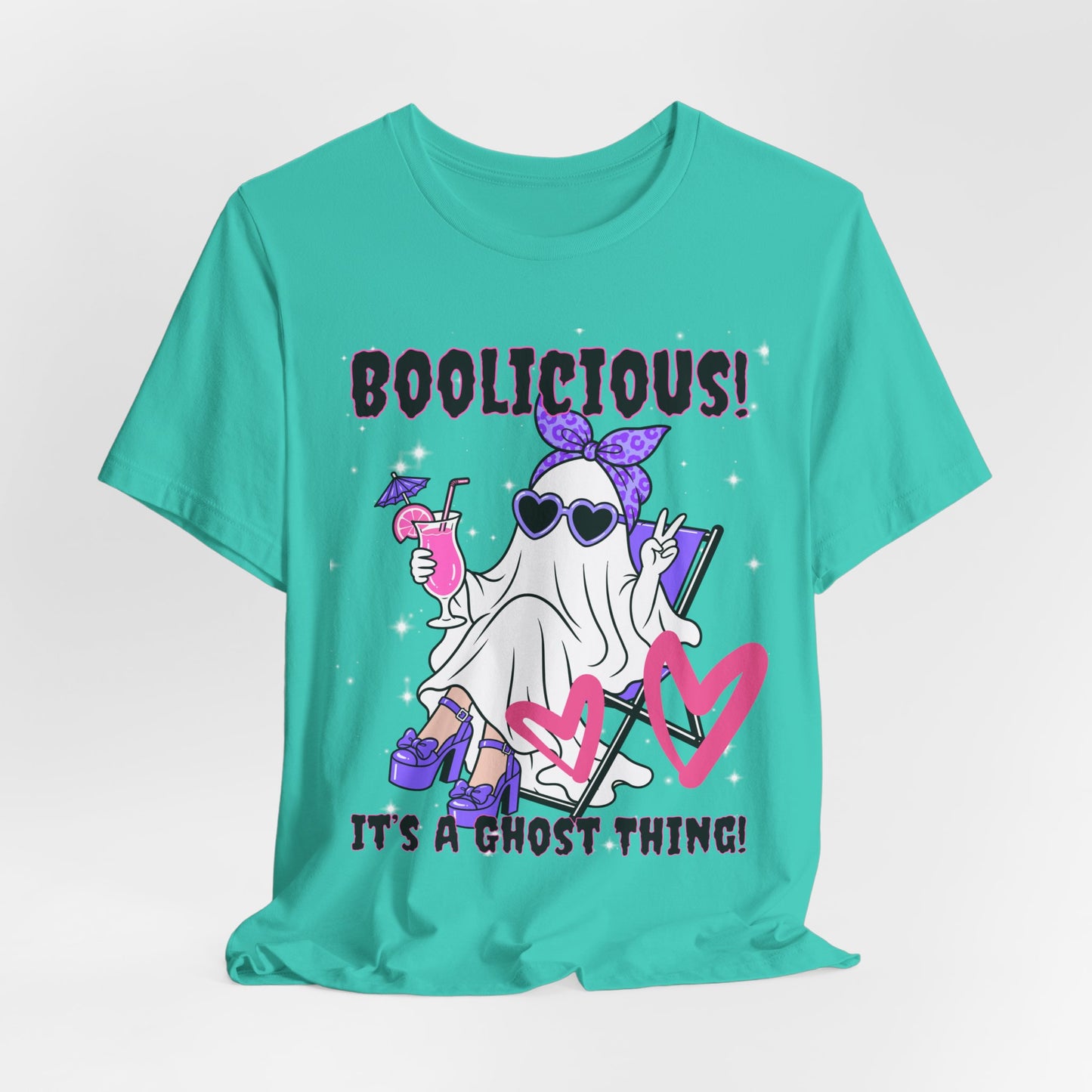 Sunflower Porch Co Boolisious Ghost Tee | Cute Glam Ghost with Hearts Halloween Shirt