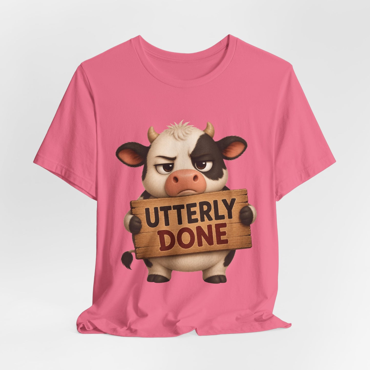 Sunflower Porch Co Utterly Done Cow Graphic Tee — Funny Cute Cow Holding 'Utterly Done' Sign