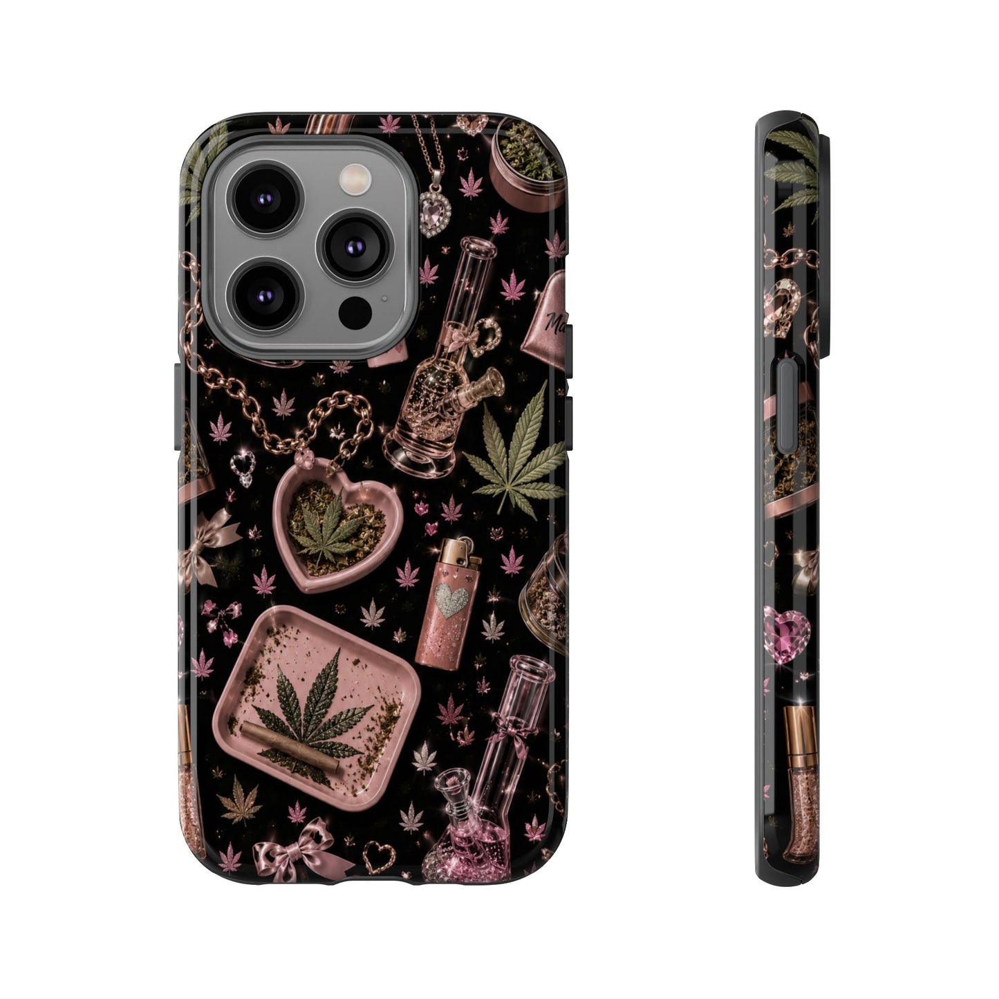 Sunflower Porch Co Pink Cannabis Pattern Tough Case | Weed Leaf Phone Case, Grinder & Lighter Design