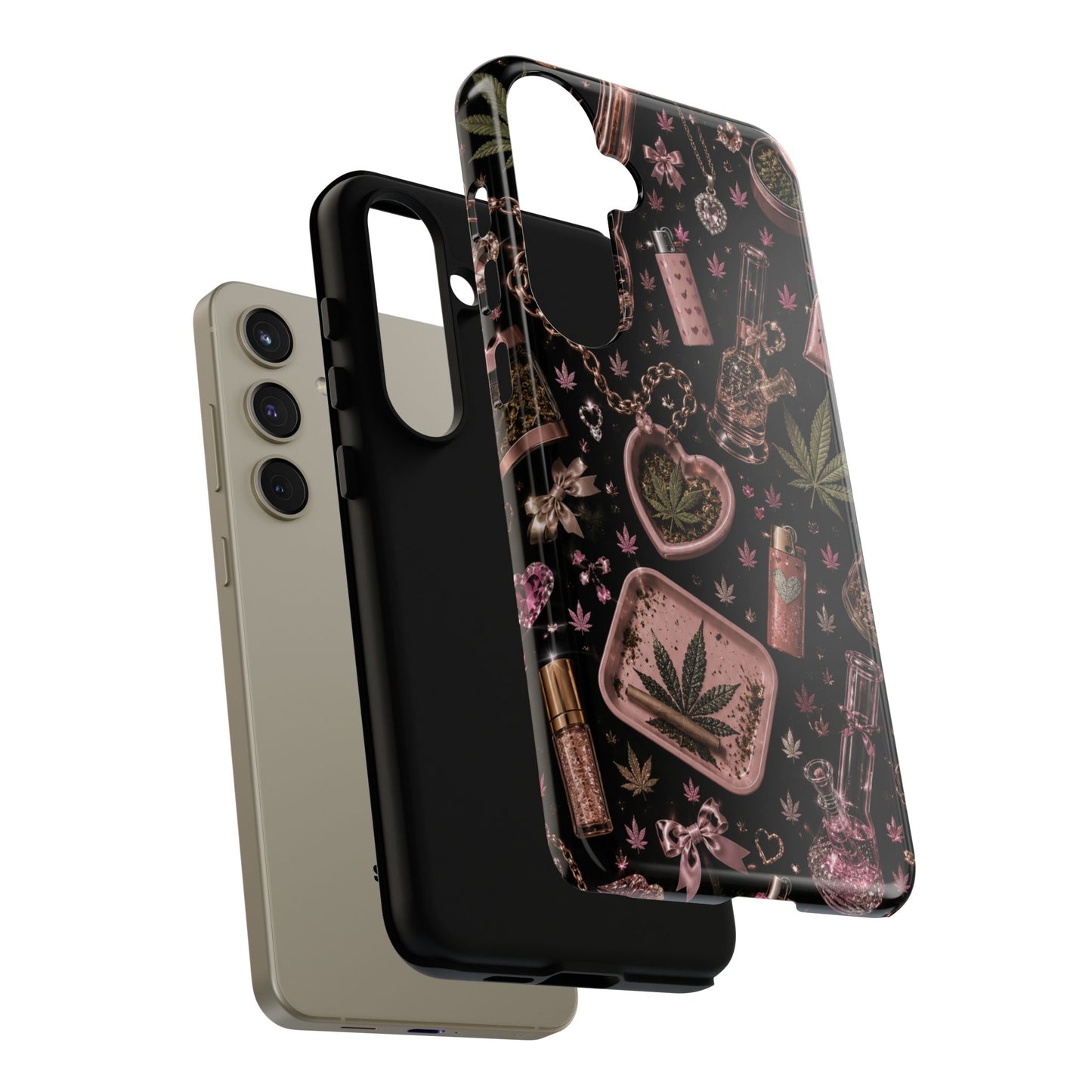 Sunflower Porch Co Pink Cannabis Pattern Tough Case | Weed Leaf Phone Case, Grinder & Lighter Design