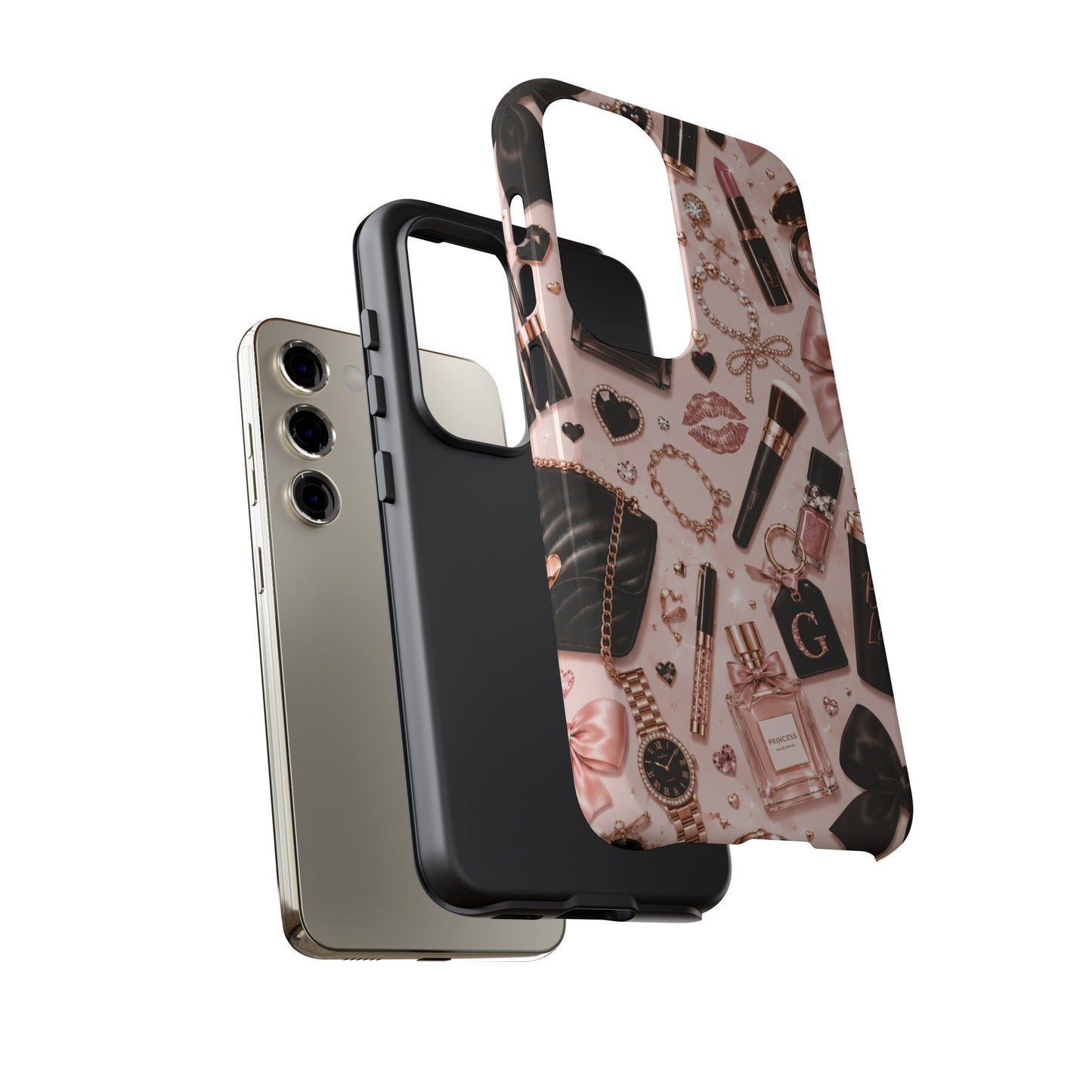 Sunflower Porch Co Glam Makeup Pattern Phone Case | Rose Gold Cosmetics, Perfume, Lipstick