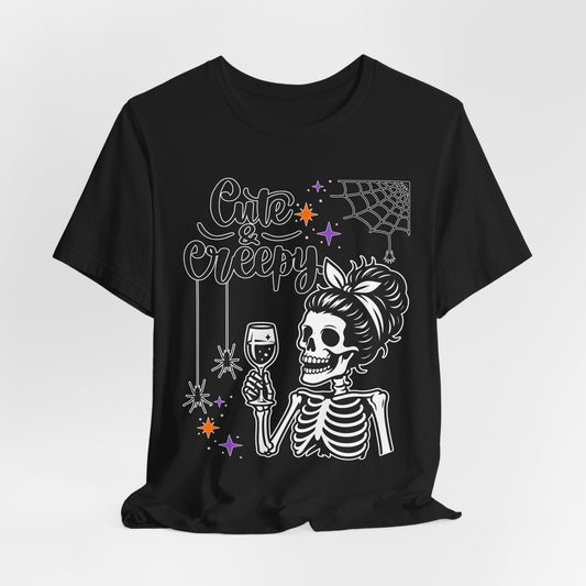 Cute & Creepy Skeleton Lady T-Shirt | Halloween Skull Wine Tee
