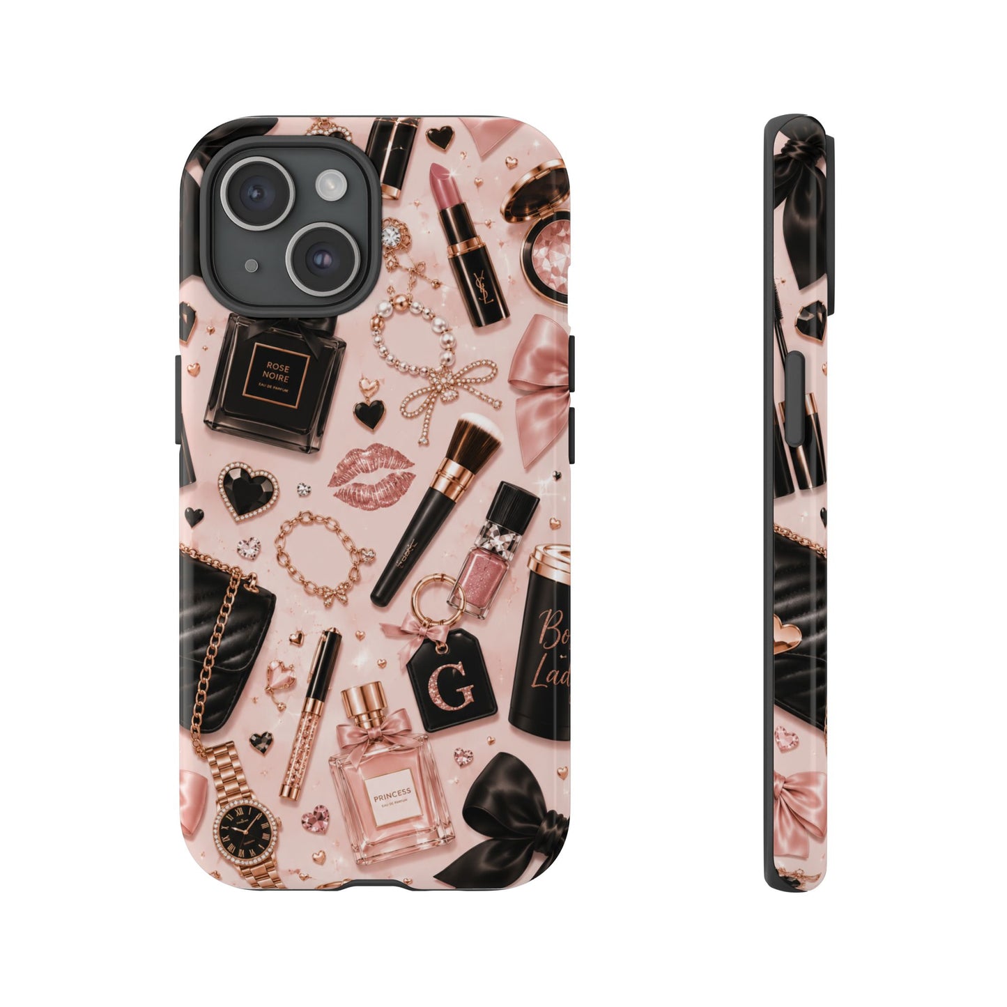 Sunflower Porch Co Glam Makeup Pattern Phone Case | Rose Gold Cosmetics, Perfume, Lipstick