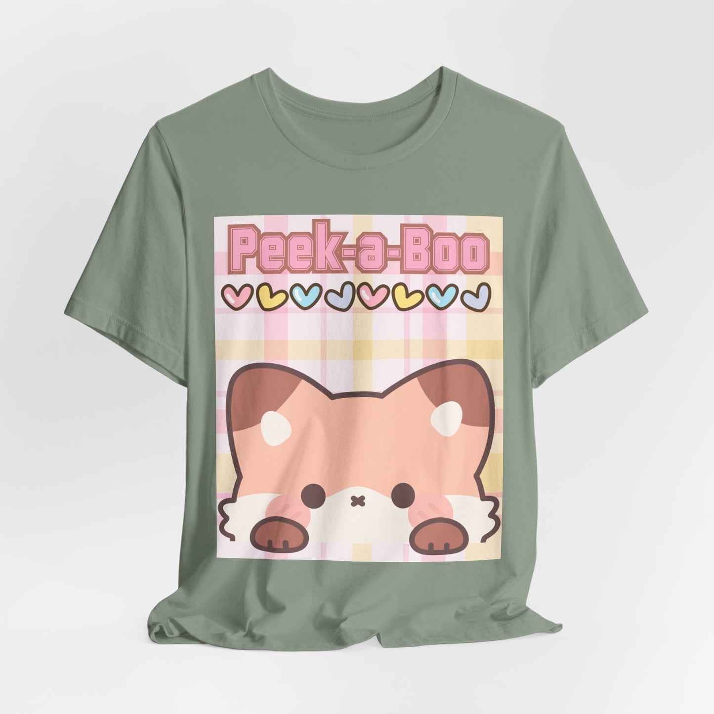 SunflowerPorchCo Peek-a-Boo Kawaii Fox Tee | Cute Pastel Hearts Plaid Shirt
