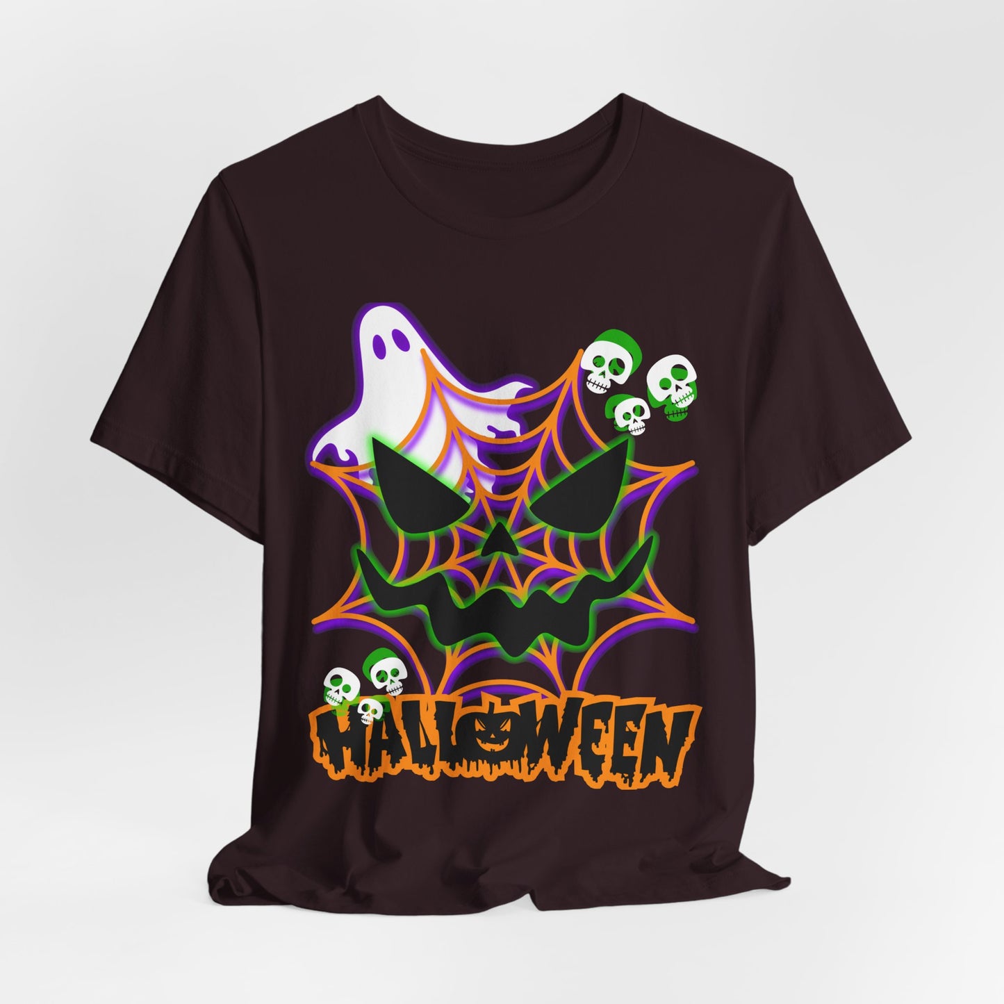 Ghost and Spiderweb Halloween T-Shirt | Skull Accents, Neon Colors