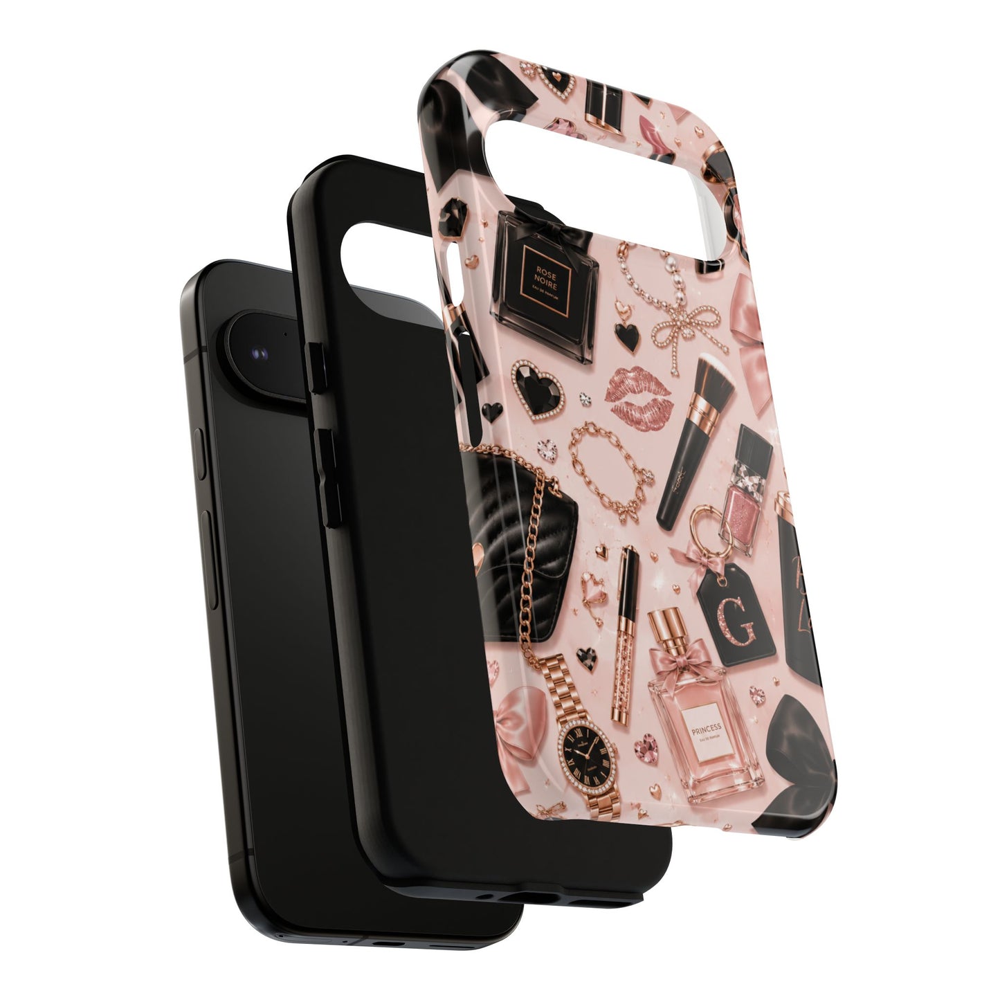 Sunflower Porch Co Glam Makeup Pattern Phone Case | Rose Gold Cosmetics, Perfume, Lipstick