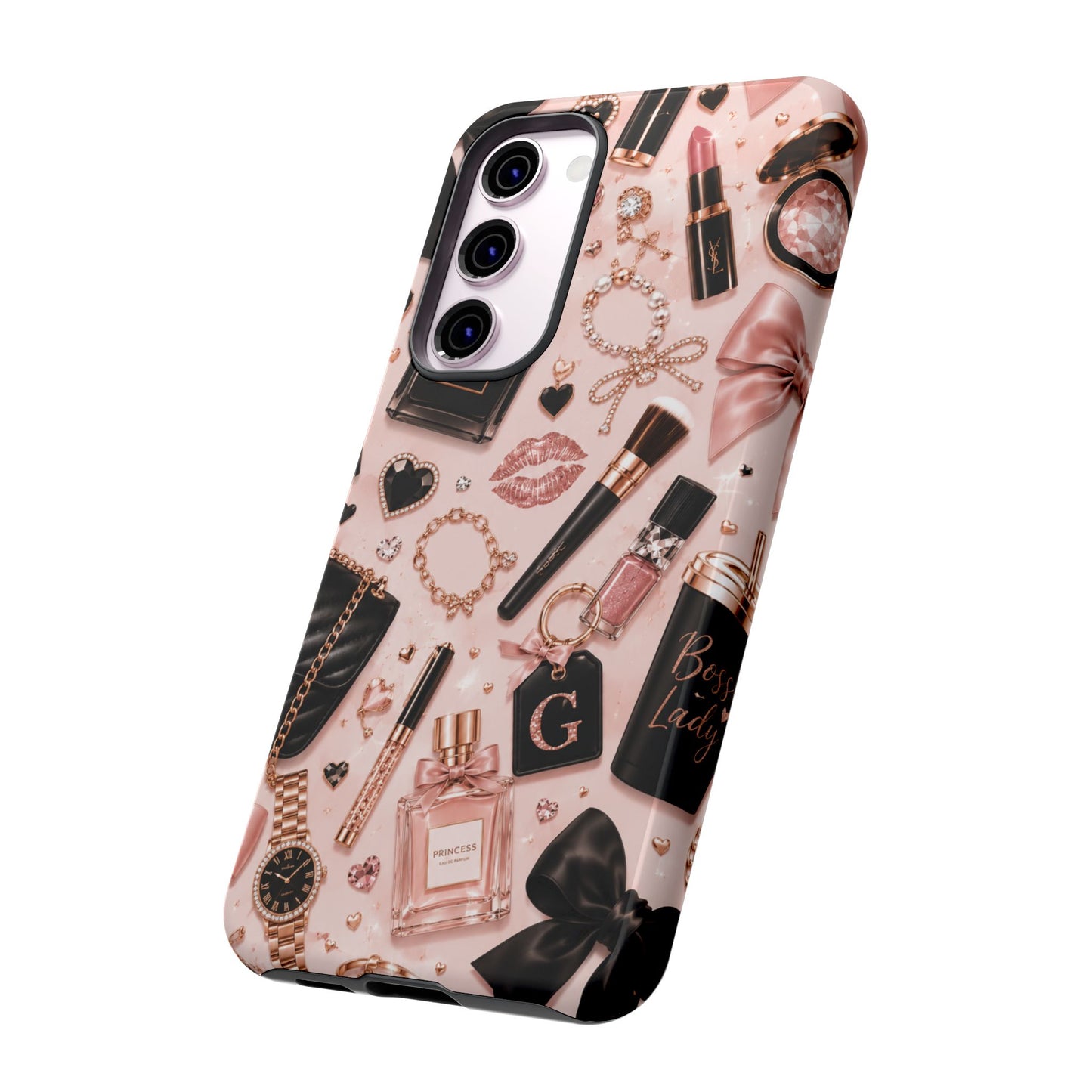 Sunflower Porch Co Glam Makeup Pattern Phone Case | Rose Gold Cosmetics, Perfume, Lipstick
