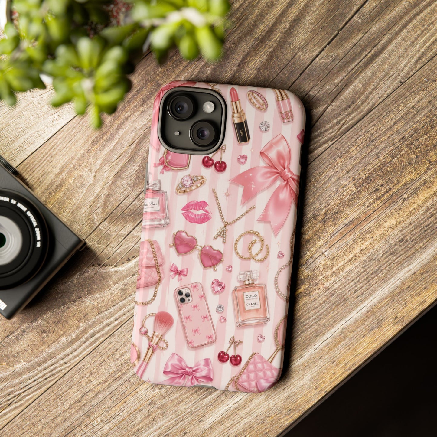 Pink Glam Pattern phone case | Makeup, bows, perfume, lipstick design