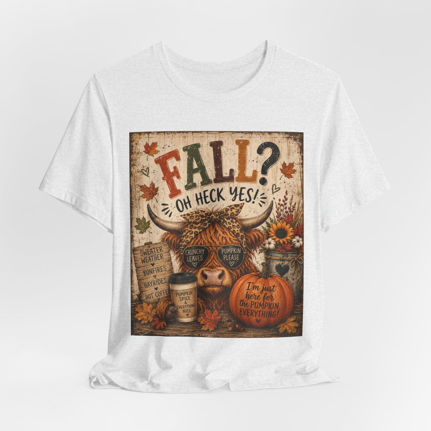 Sunflower Porch Co Fall? Oh Heck Yes! Highland Cow Pumpkin Tee | Autumn Coffee Leaves Shirt