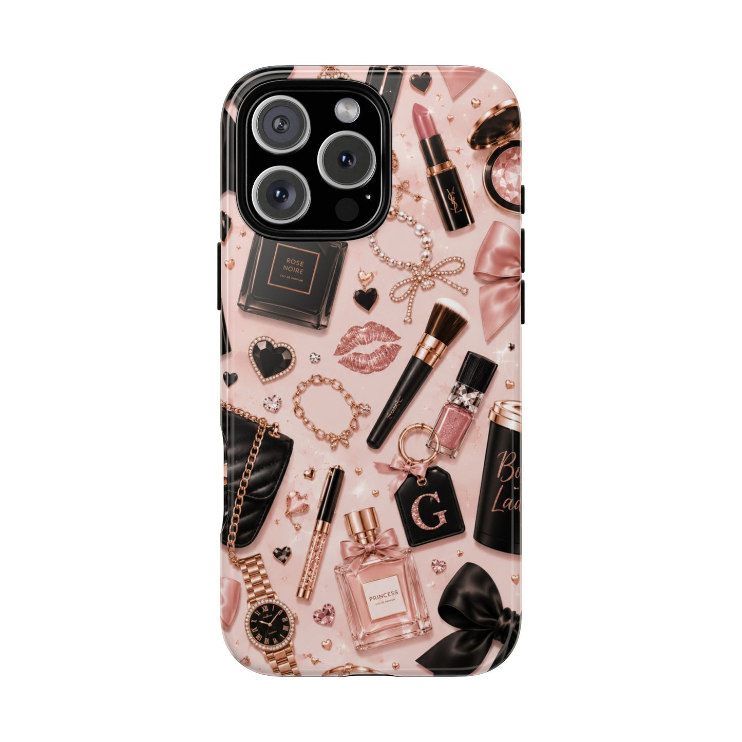 Sunflower Porch Co Glam Makeup Pattern Phone Case | Rose Gold Cosmetics, Perfume, Lipstick