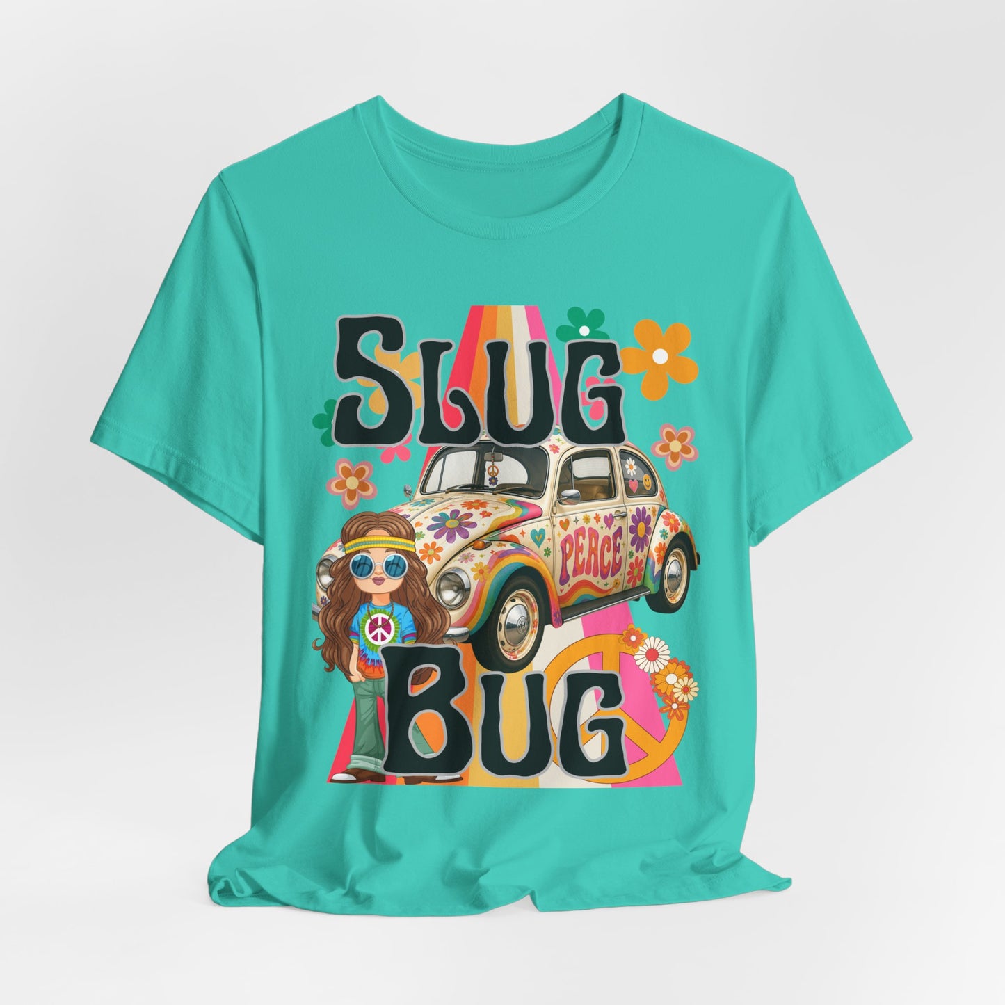 SunflowerPorchCo Hippie Peace Beetle Slug Bug Tee | Retro VW Bug, Flower Power Design