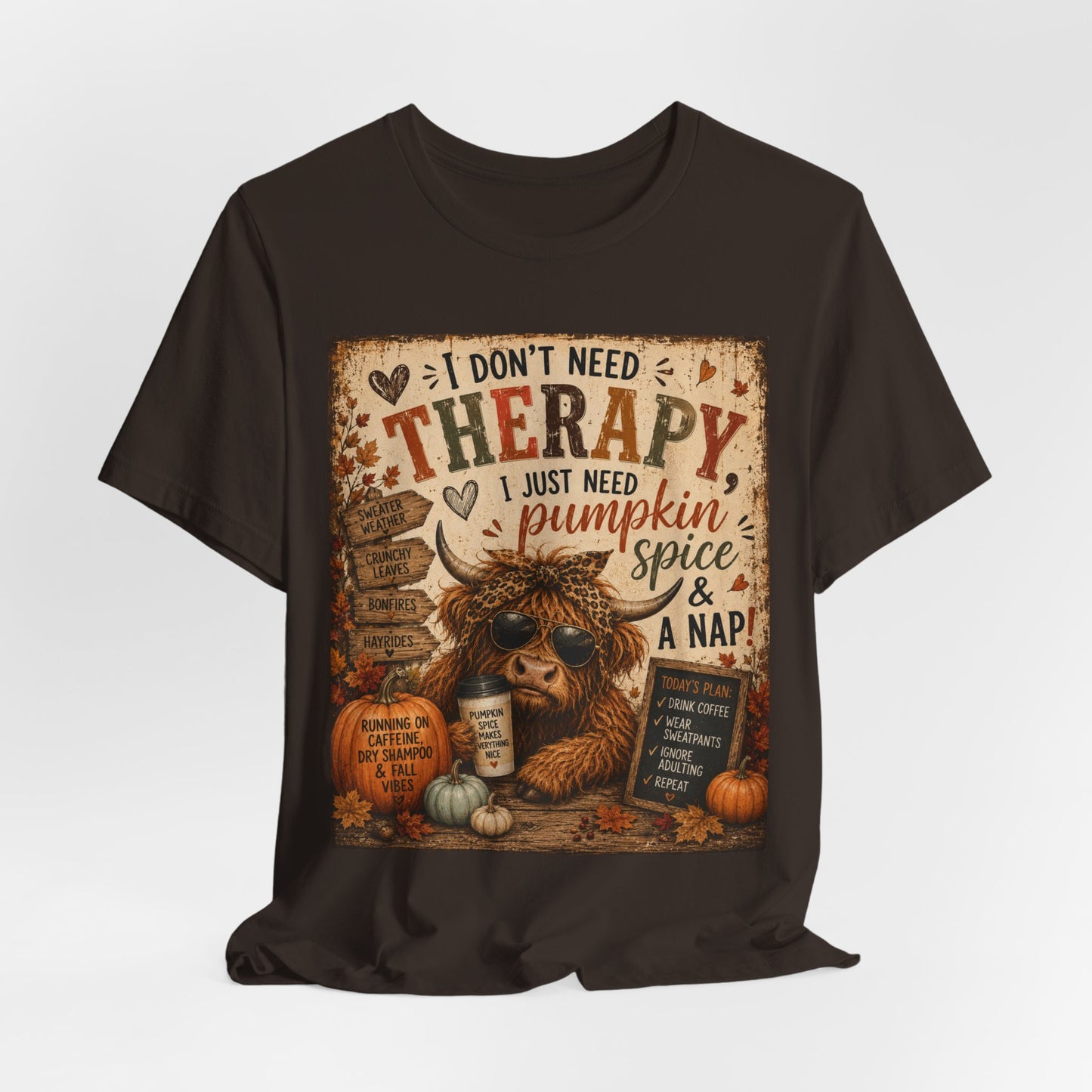Sunflower Porch Co Pumpkin Spice & A Nap Highland Cow Tee | Fall Autumn Cozy Shirt