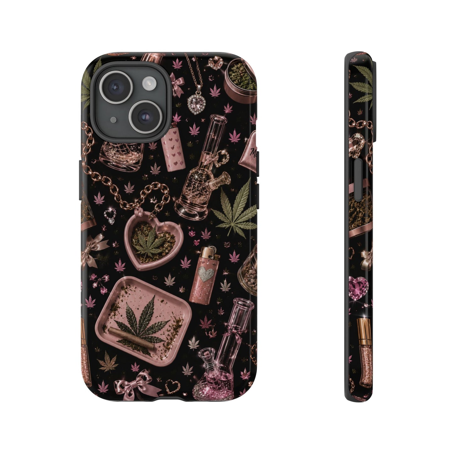 Sunflower Porch Co Pink Cannabis Pattern Tough Case | Weed Leaf Phone Case, Grinder & Lighter Design