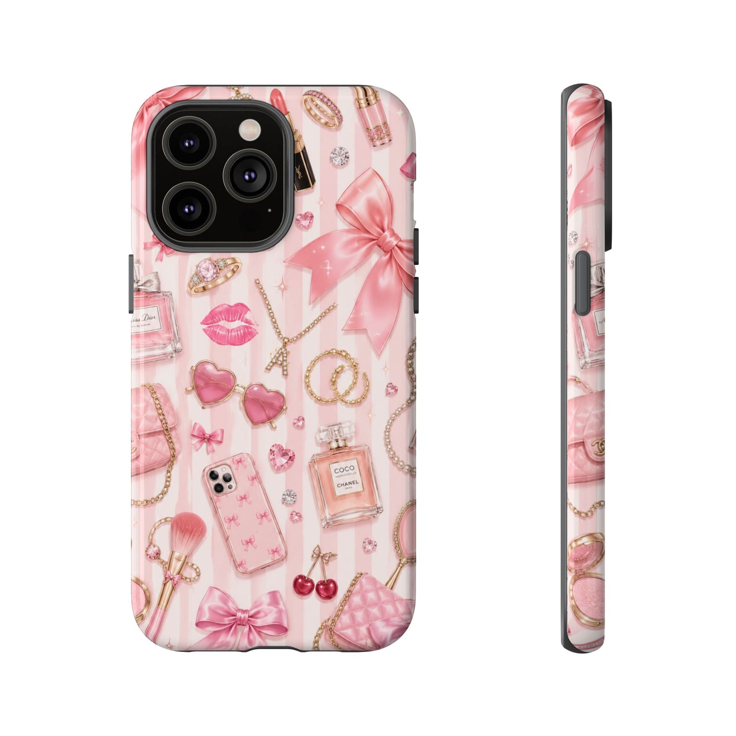 Pink Glam Pattern phone case | Makeup, bows, perfume, lipstick design