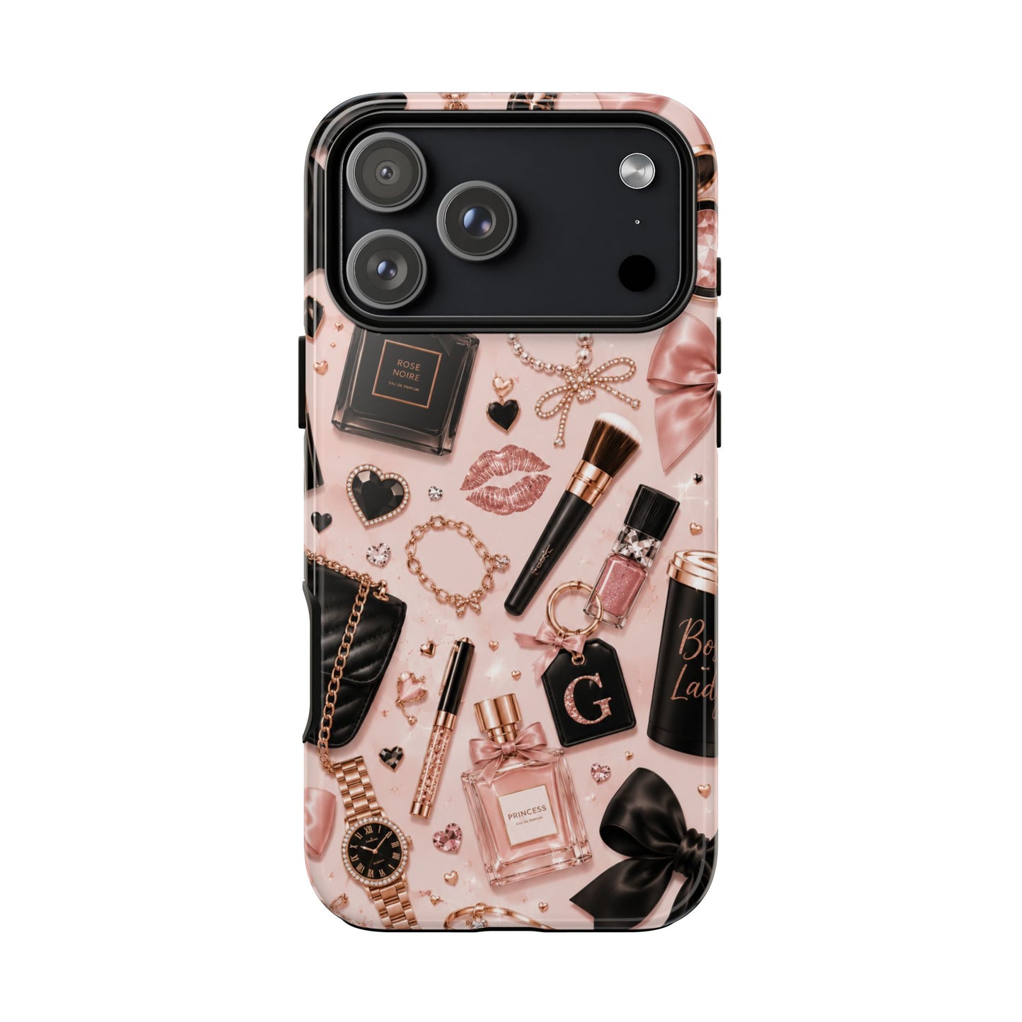 Sunflower Porch Co Glam Makeup Pattern Phone Case | Rose Gold Cosmetics, Perfume, Lipstick