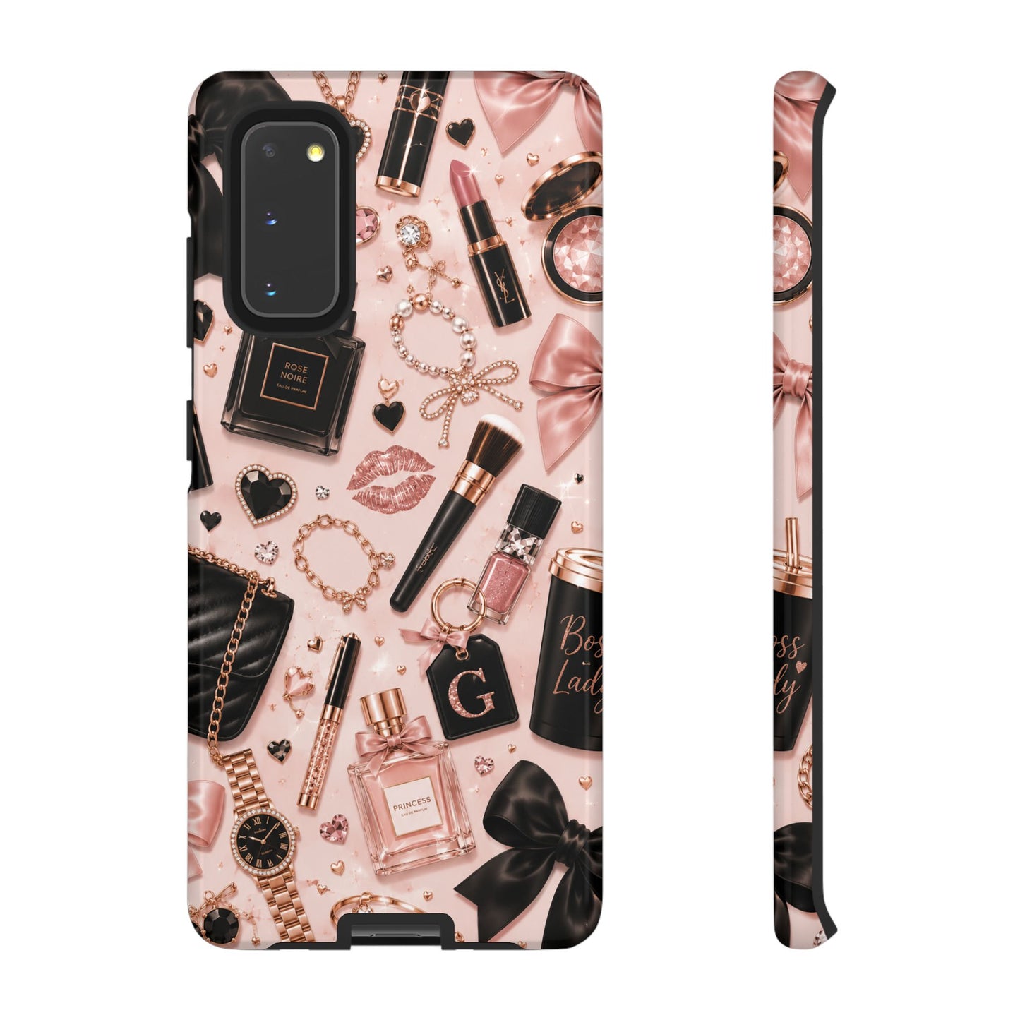 Sunflower Porch Co Glam Makeup Pattern Phone Case | Rose Gold Cosmetics, Perfume, Lipstick