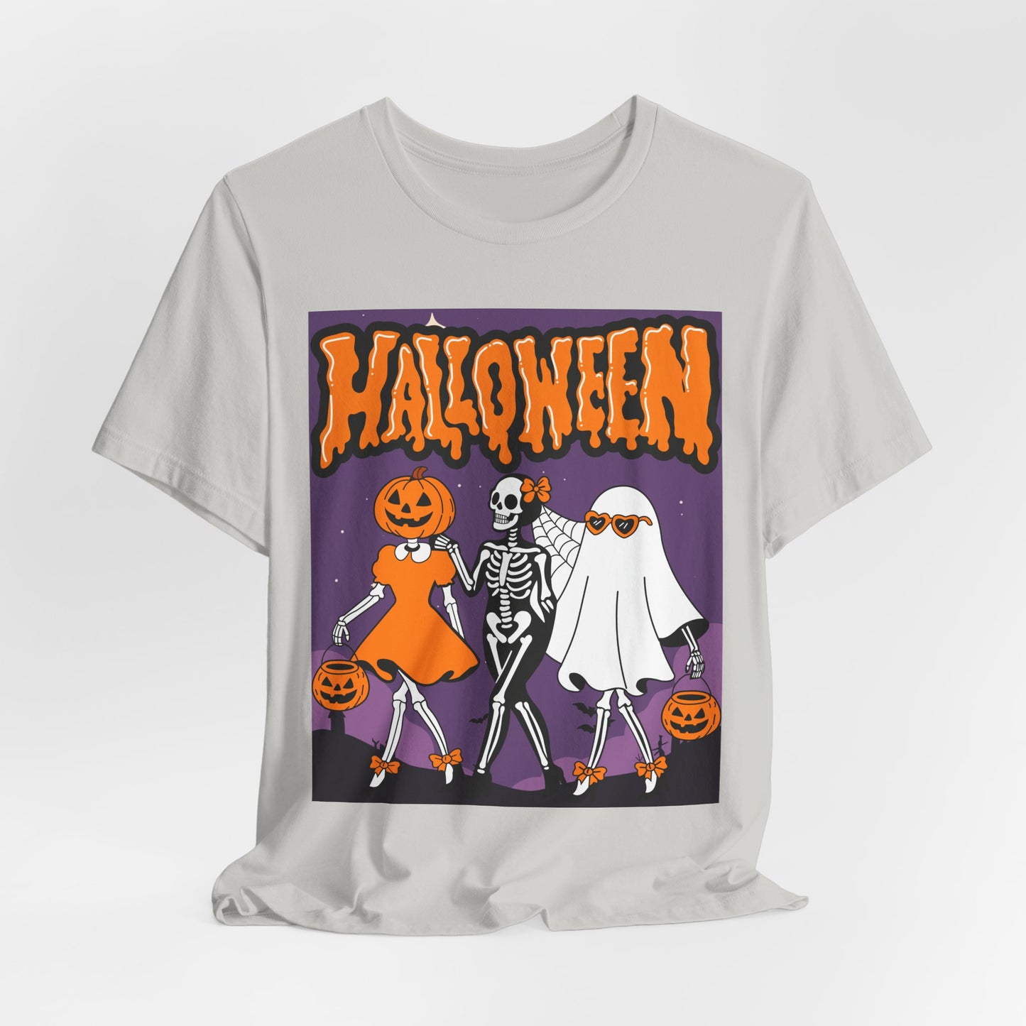 SunflowerPorchCo Dancing Skeletons and Pumpkins Halloween T-Shirt | Retro Spooky Trio Tee