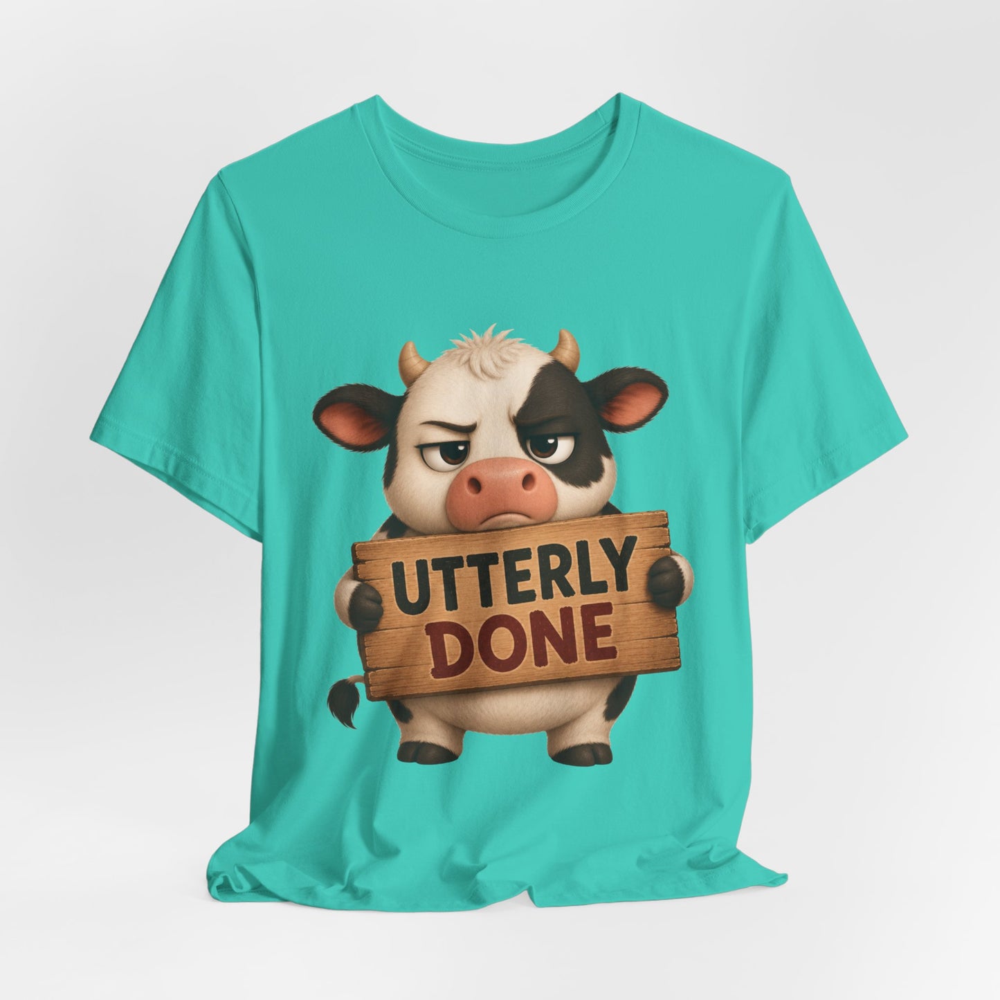 Sunflower Porch Co Utterly Done Cow Graphic Tee — Funny Cute Cow Holding 'Utterly Done' Sign
