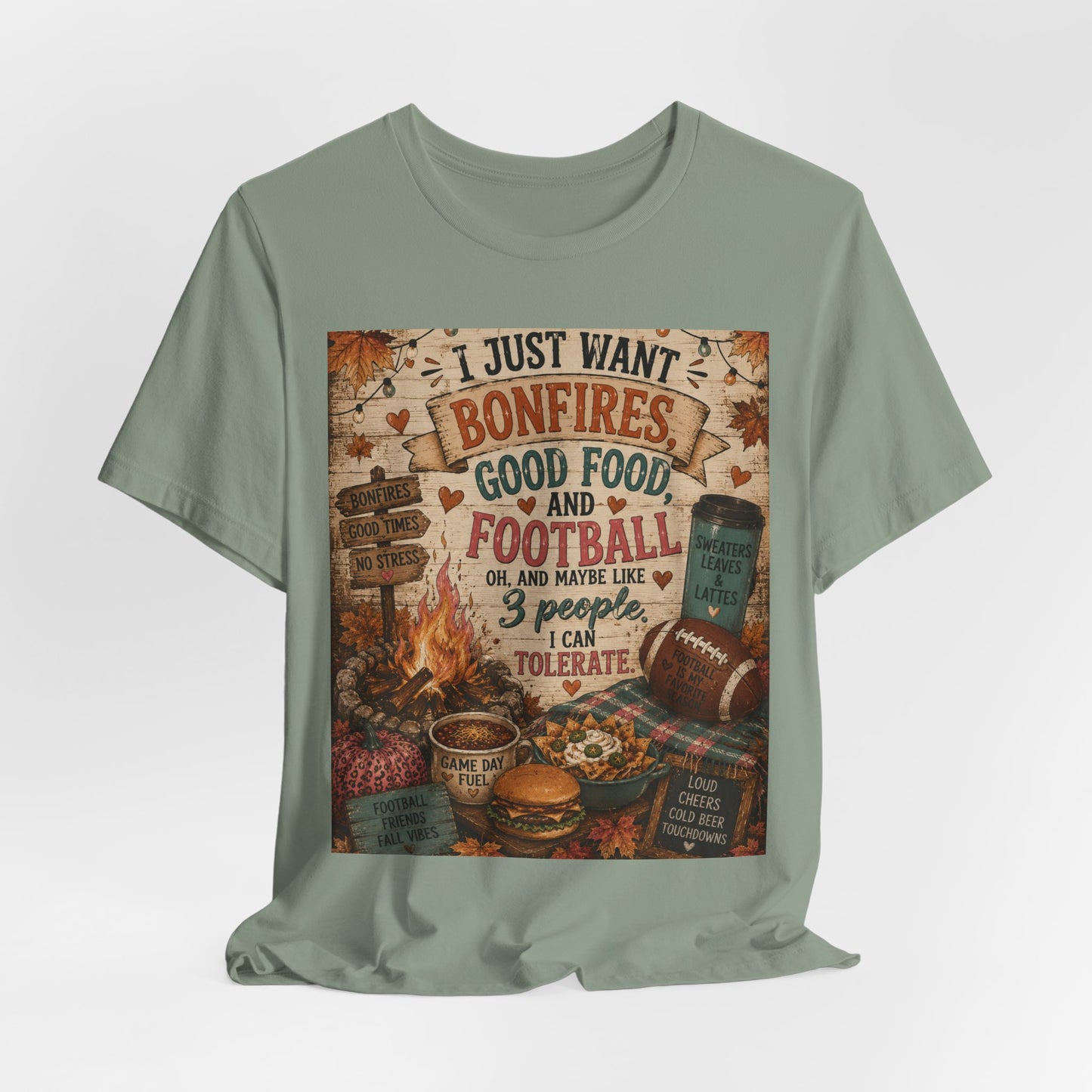Sunflower Porch Co Bonfires Good Food and Football Tee | Fall Campfire Typography Shirt