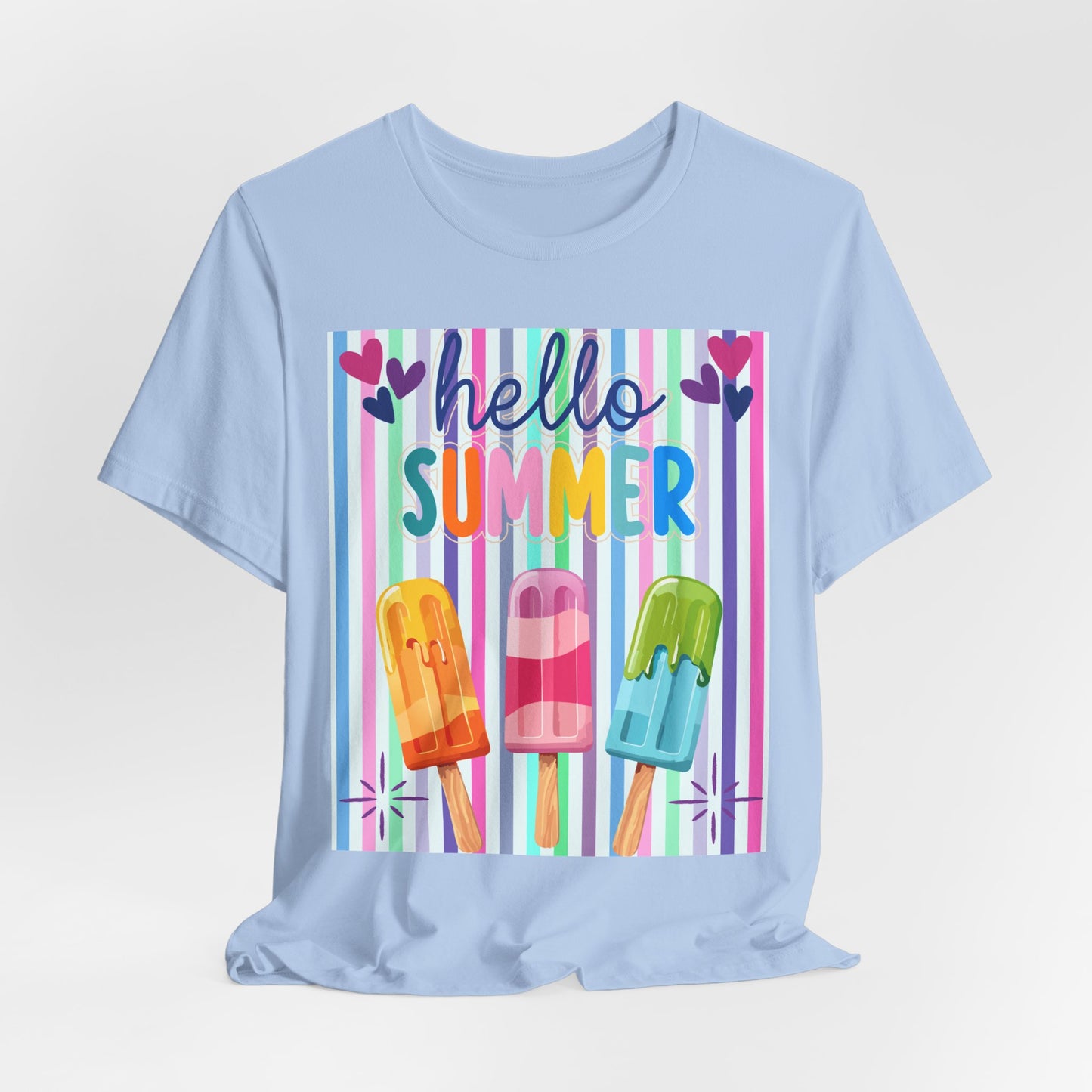 Sunflower Porch Co Hello Summer Popsicles T-Shirt | Colorful Stripes, Cute Ice Cream Design