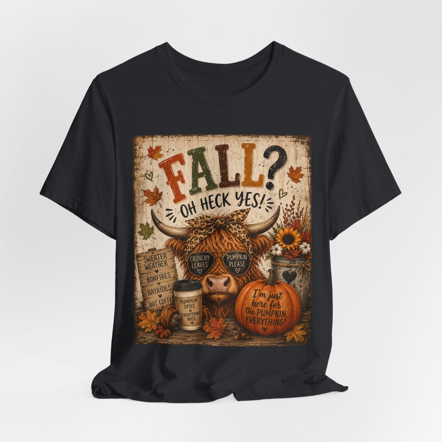 Sunflower Porch Co Fall? Oh Heck Yes! Highland Cow Pumpkin Tee | Autumn Coffee Leaves Shirt