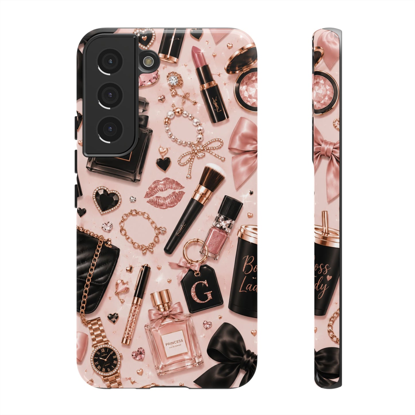 Sunflower Porch Co Glam Makeup Pattern Phone Case | Rose Gold Cosmetics, Perfume, Lipstick