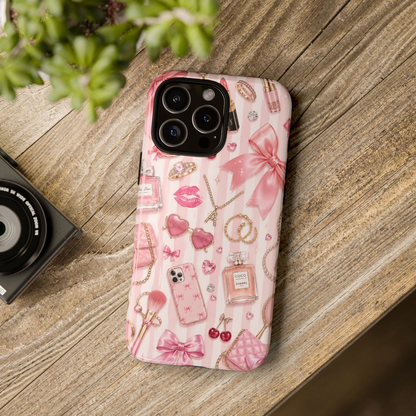 Pink Glam Pattern phone case | Makeup, bows, perfume, lipstick design