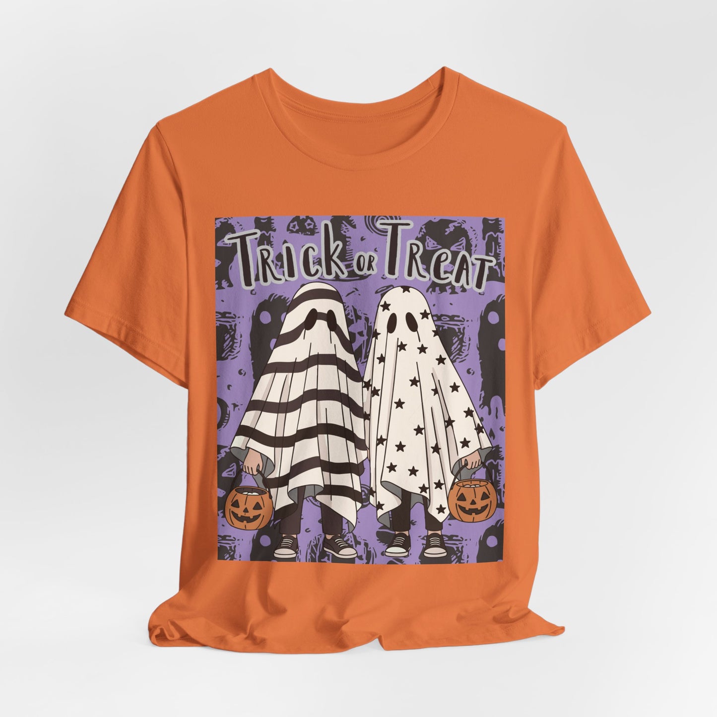 SunflowerPorchCo Trick or Treat Ghost Kids Halloween T-Shirt | Pumpkin Costume Tee