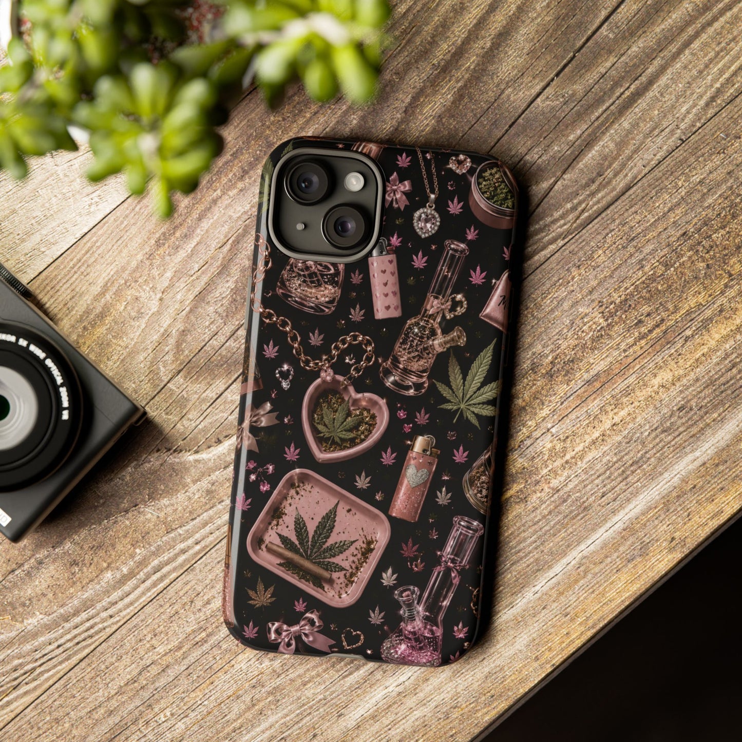 Sunflower Porch Co Pink Cannabis Pattern Tough Case | Weed Leaf Phone Case, Grinder & Lighter Design