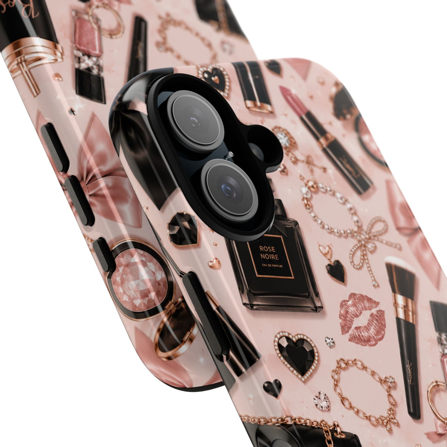 Sunflower Porch Co Glam Makeup Pattern Phone Case | Rose Gold Cosmetics, Perfume, Lipstick