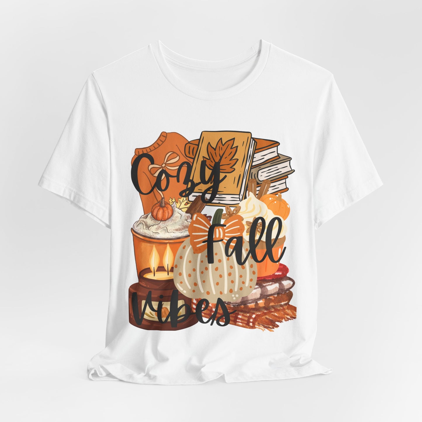 SunflowerPorchCo Cozy Fall Vibes T-Shirt | Pumpkin Books Candle Autumn Tee