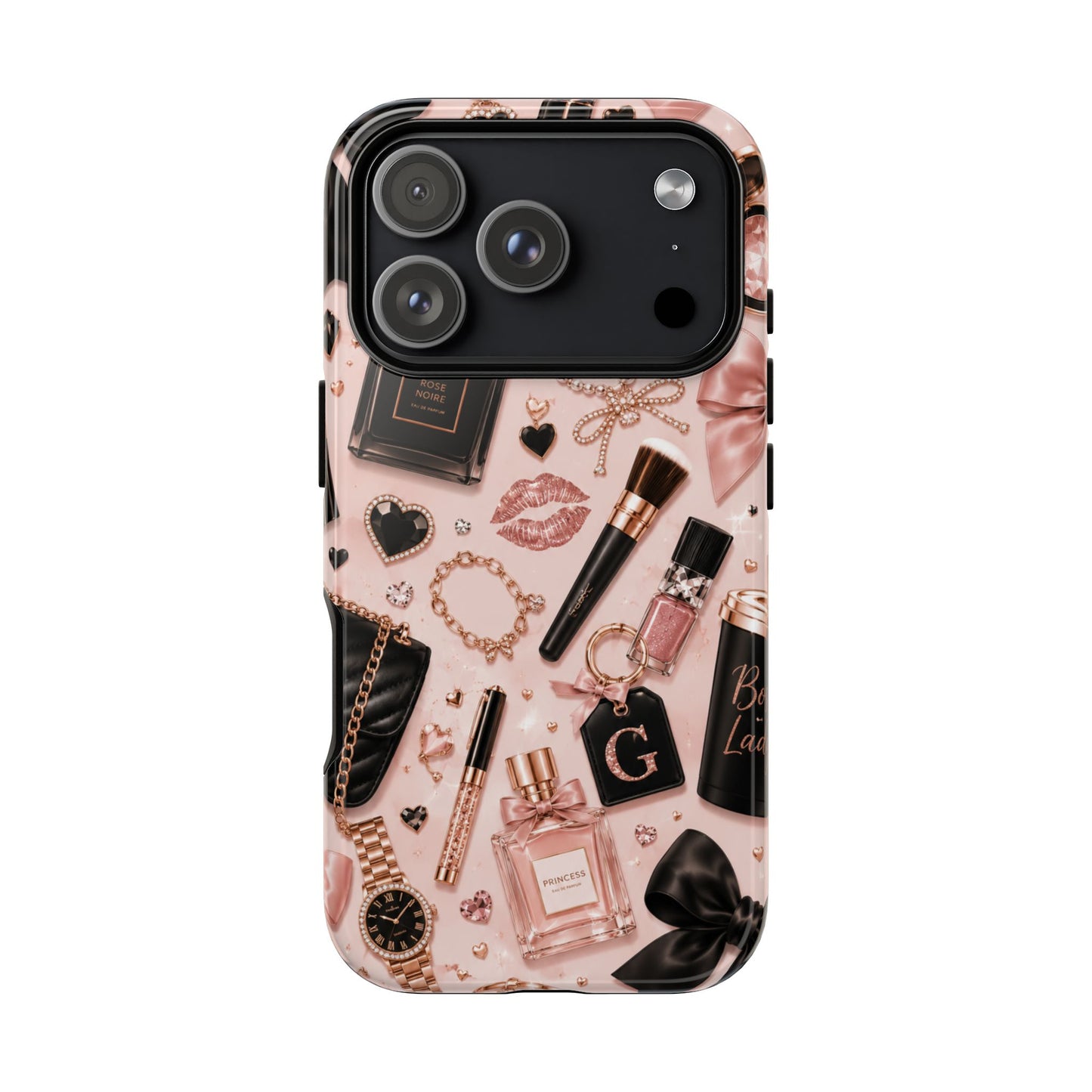 Sunflower Porch Co Glam Makeup Pattern Phone Case | Rose Gold Cosmetics, Perfume, Lipstick