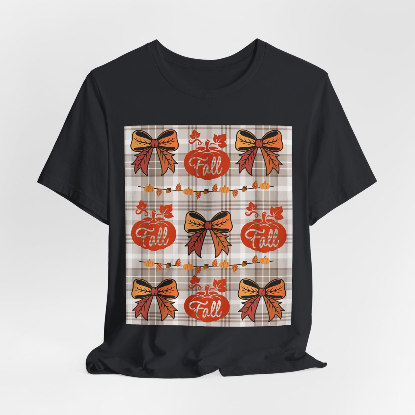 SunflowerPorchCo Fall Pumpkin Plaid Pattern Tee | Autumn Bow Graphic T-Shirt