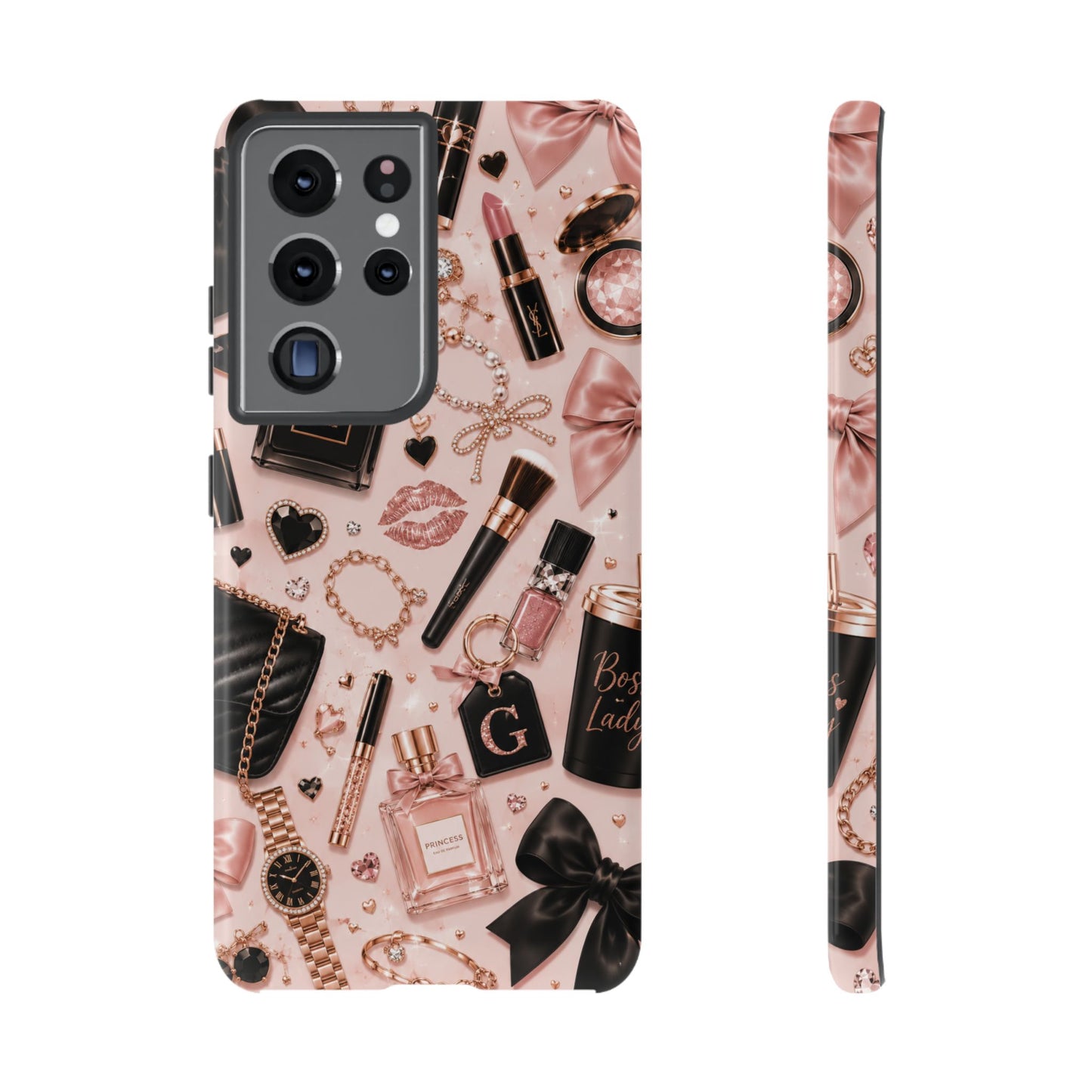 Sunflower Porch Co Glam Makeup Pattern Phone Case | Rose Gold Cosmetics, Perfume, Lipstick