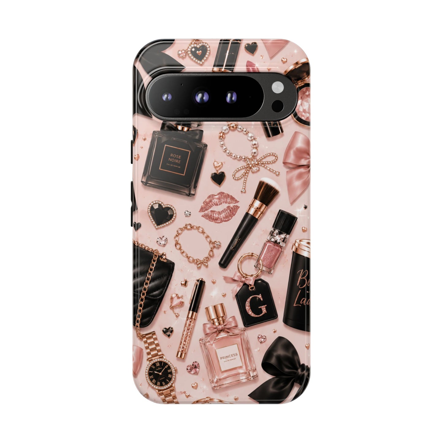 Sunflower Porch Co Glam Makeup Pattern Phone Case | Rose Gold Cosmetics, Perfume, Lipstick