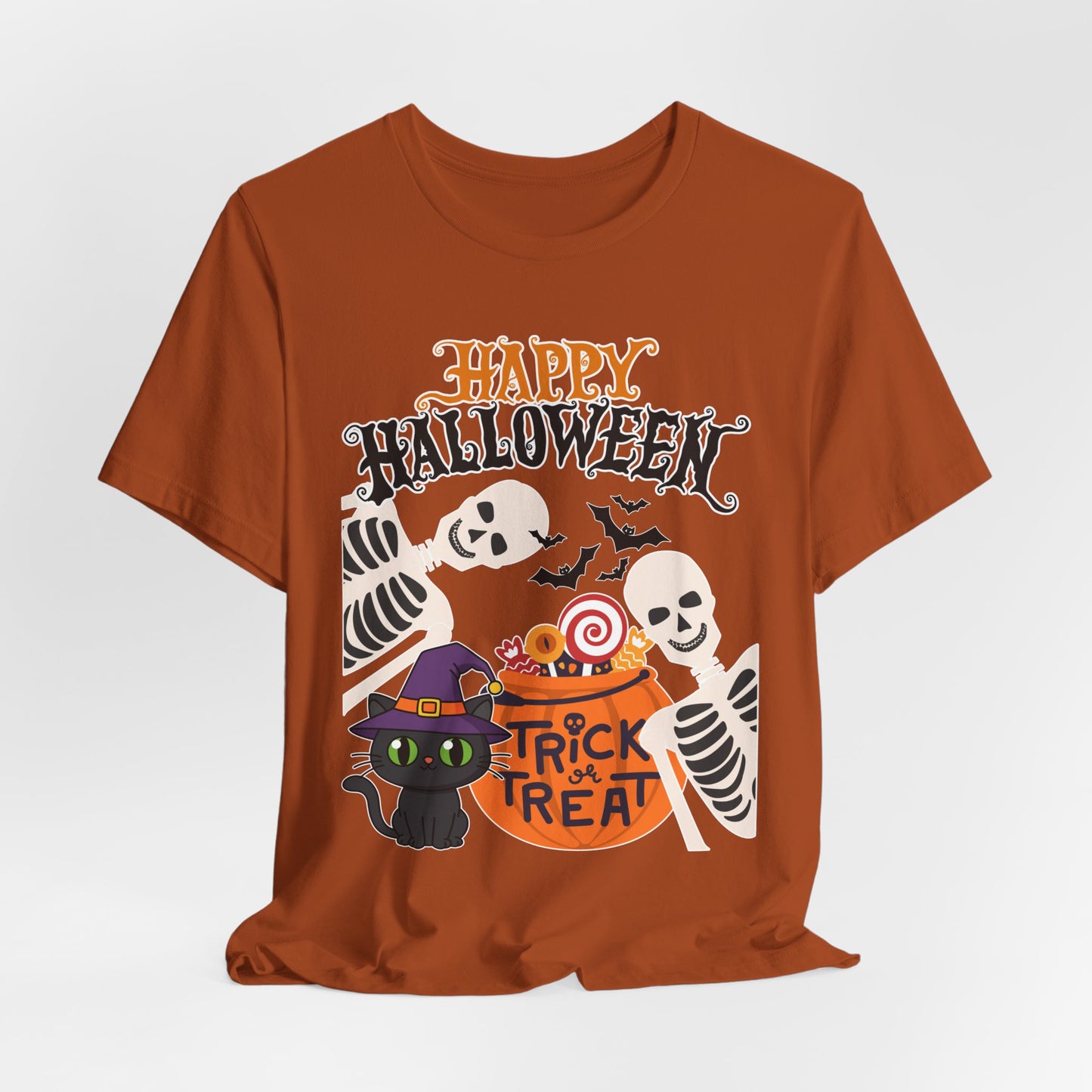 Happy Halloween skeletons, black cat, trick or treat tee