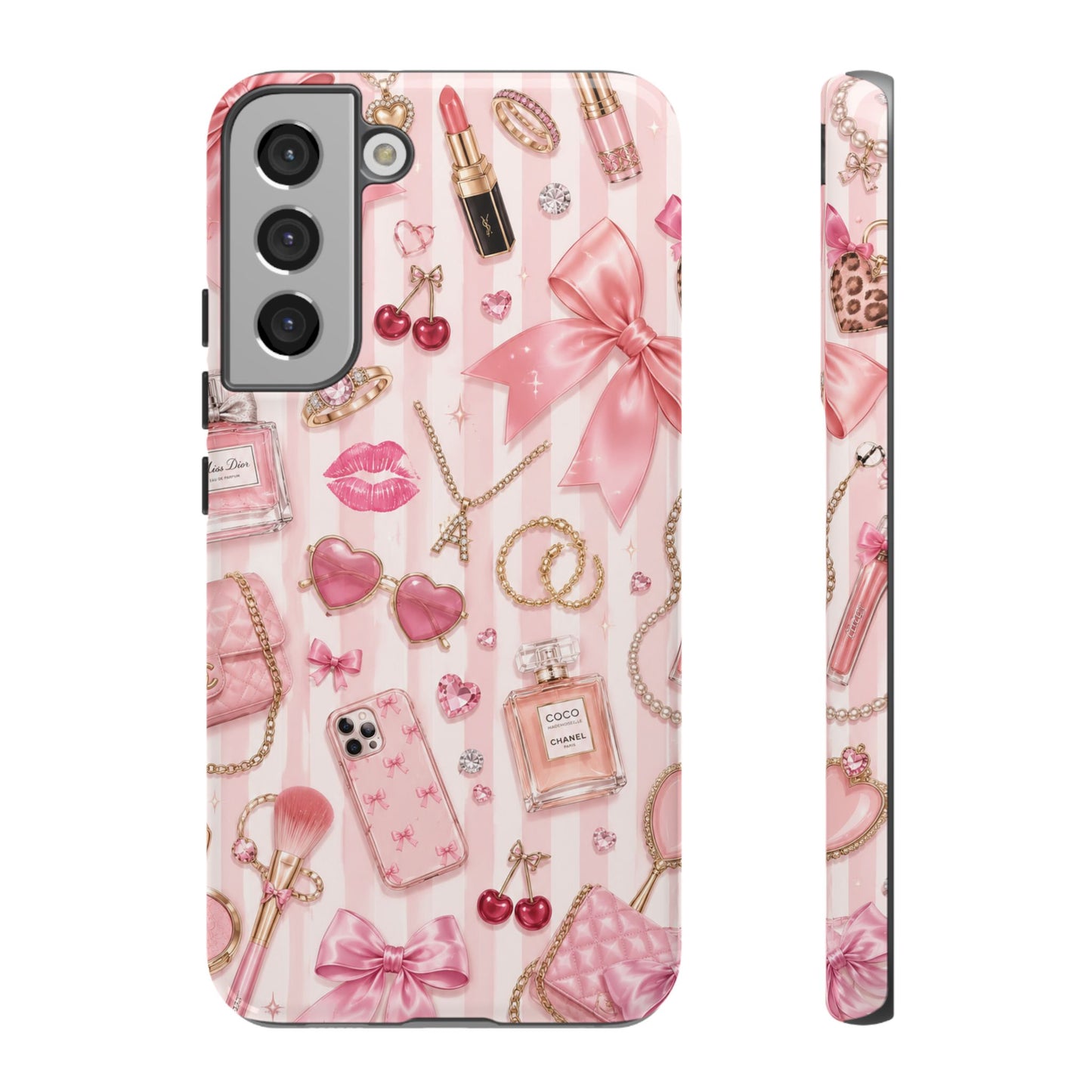 Pink Glam Pattern phone case | Makeup, bows, perfume, lipstick design
