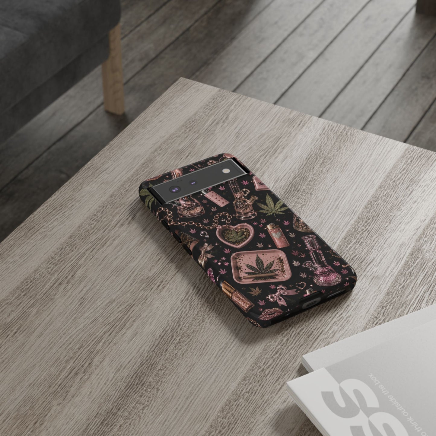 Sunflower Porch Co Pink Cannabis Pattern Tough Case | Weed Leaf Phone Case, Grinder & Lighter Design
