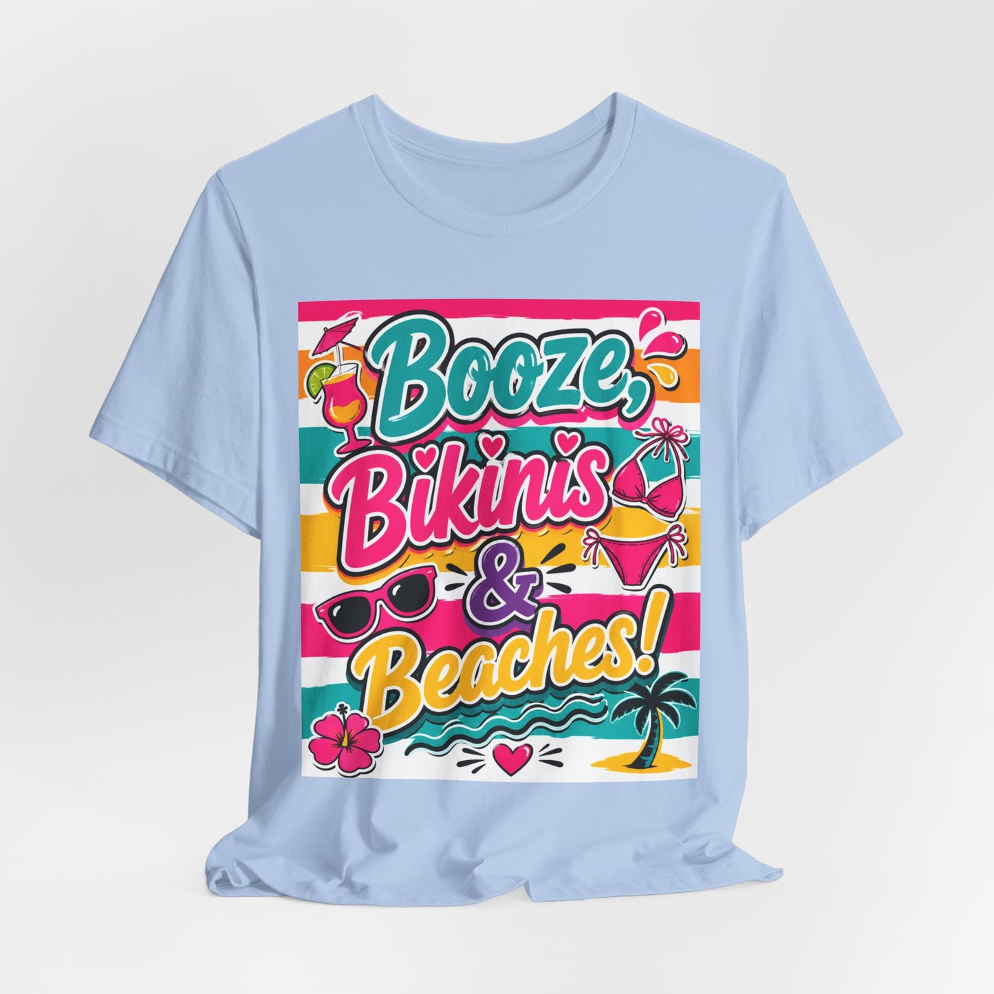 Sunflower Porch Co. Booze Bikinis & Beaches T-Shirt — Summer Beach Party Graphic Tee